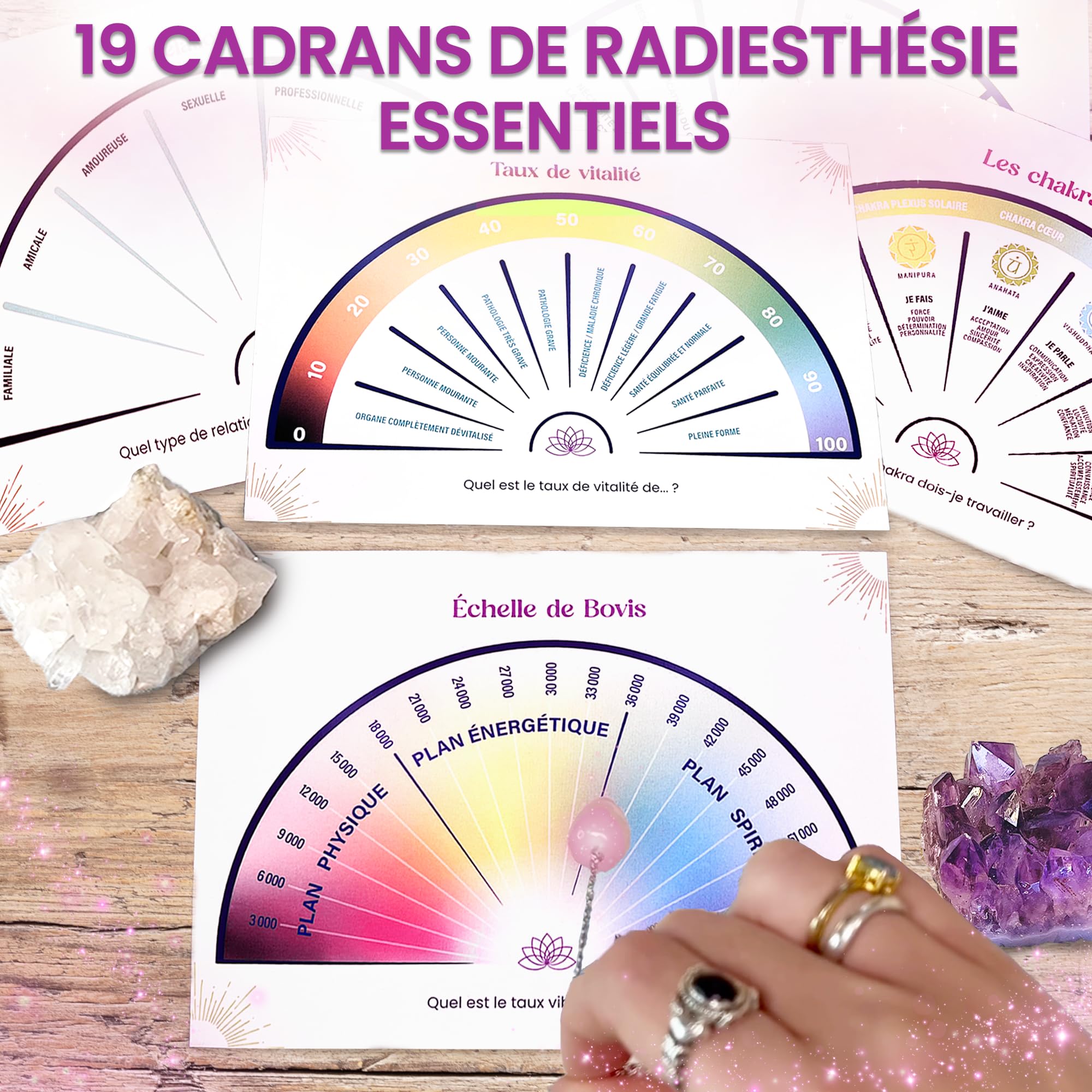 VIBRATIS Coffret d'Initiation au Pendule Divinatoire : 19 Planches de Radiesthésie, Livre Complet, Pendule Divinatoire Offert et Fleur de Vie pour Purifier le Pendule