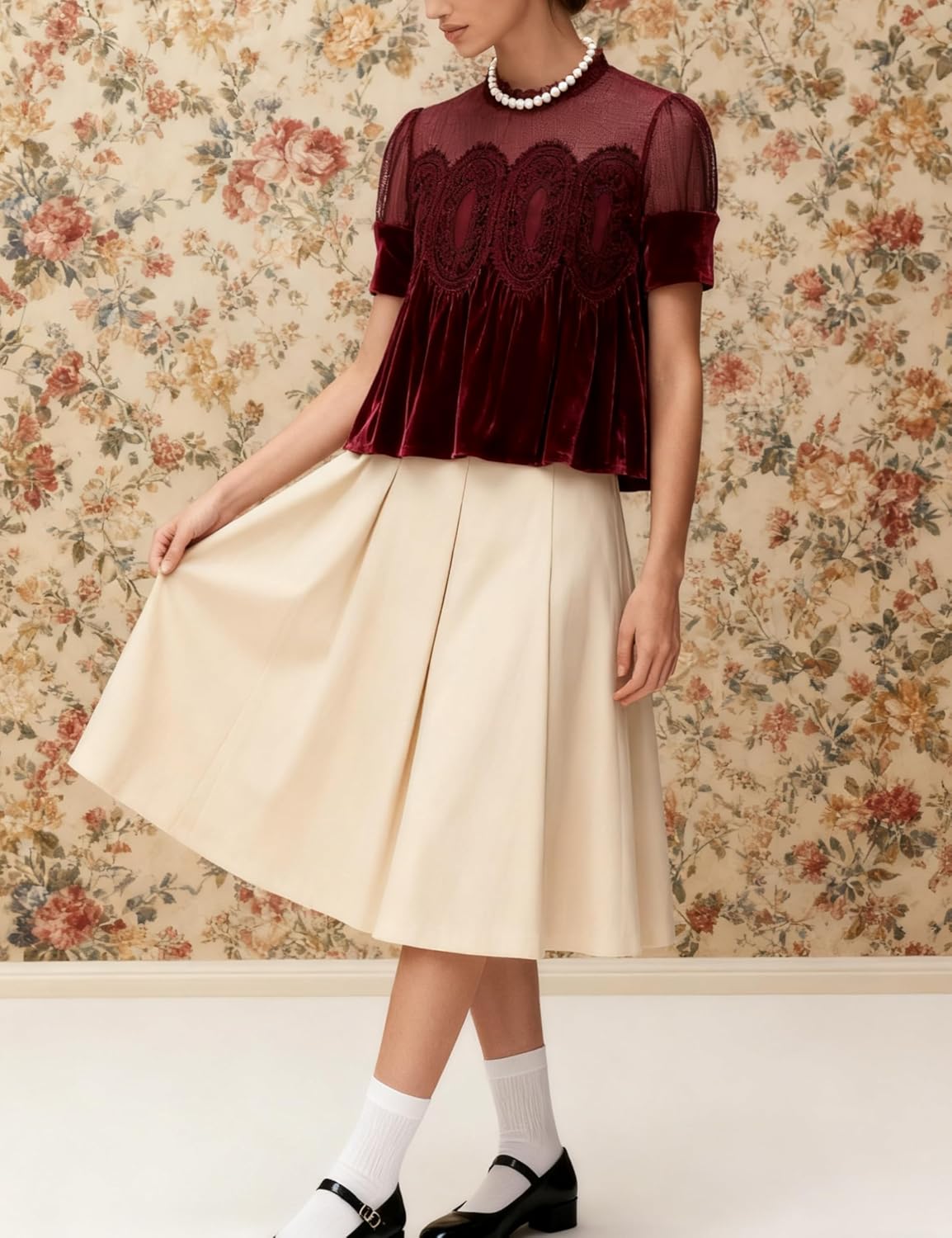 Gozoloma Women's Velvet Lace Blouse Casual Round Neck Short Sleeve Flared Swing Top Elegant Loose Intricate Back Design - Image 2