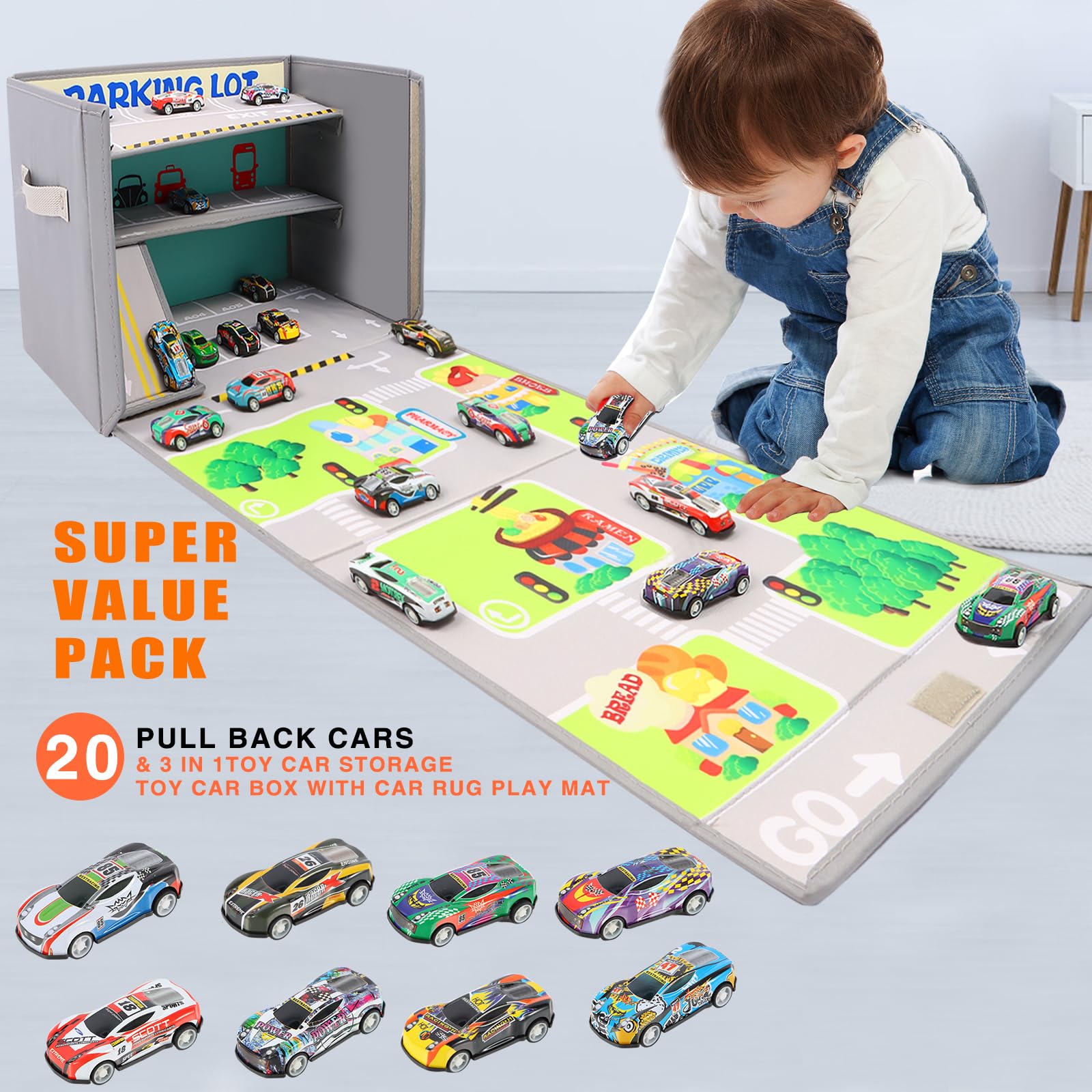 EHENOY Kids Car Storage Box with Car Rug Play Mat, Vehicle Toy Garage and Car Storage Solution (Toy Car Garage Box with car rug play mat and 20 Pcs cars)