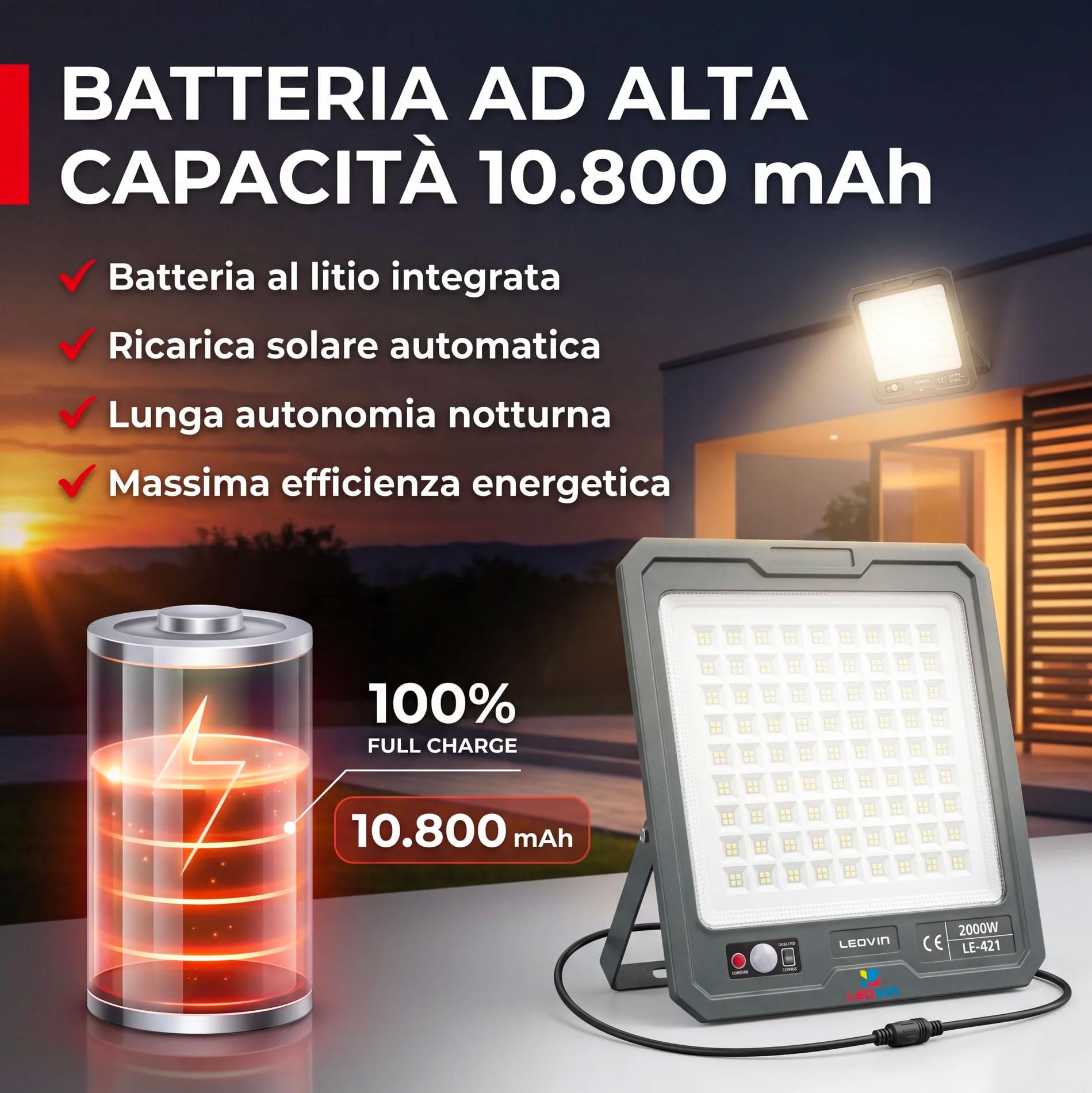 081 Store - Faro Solare LED 2000W con Pannello Solare Esterno 13W, 324 LED Ultra Luminosi, Sensore di Movimento PIR, Telecomando, Batteria 10800mAh, IP66 Impermeabile