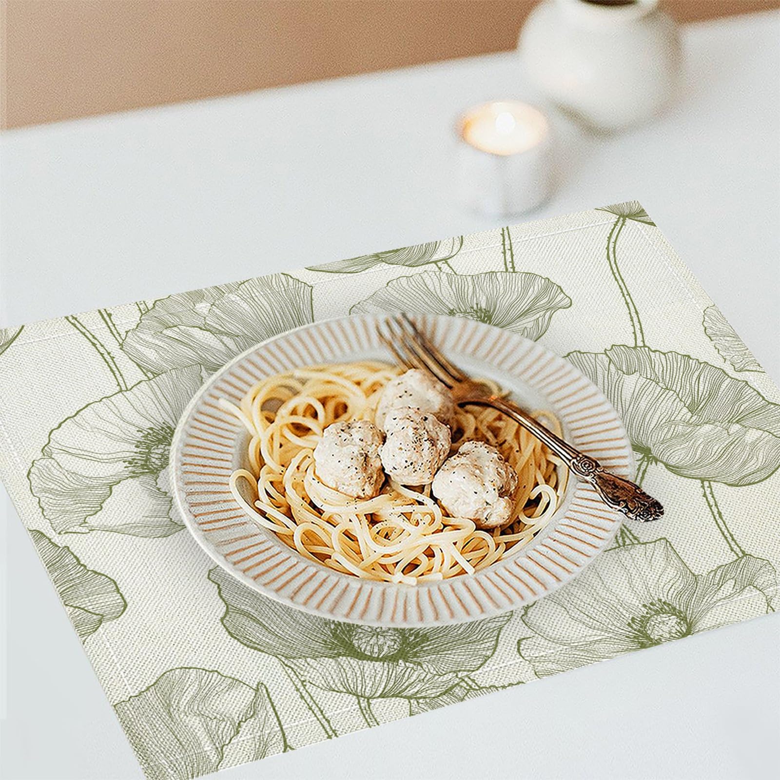 Lot de 8 Set Table Dessin Au Trait en Lavable en Machine, Réutilisable Rectangulaire Lin de Coton Set de Table Résistant à la Chaleur (Fleurs Vertes,30×45 cm)