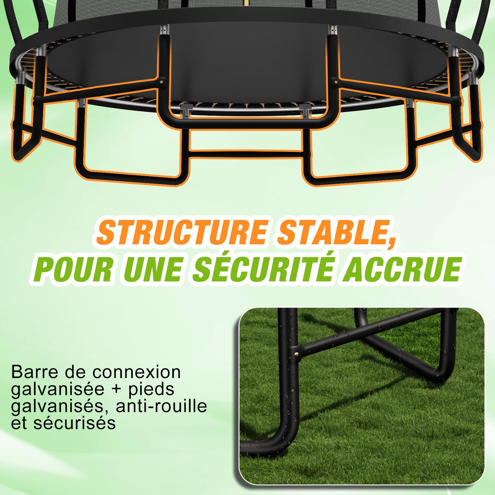 Devoko Trampoline Extérieur Ø228/305/366/427cm, Traverses de Jambe renforcées, Structure Stable et Robuste, Charge Max 160kg, Construction Monobloc, Installation Rapide, Adapté aux Enfants et Adultes