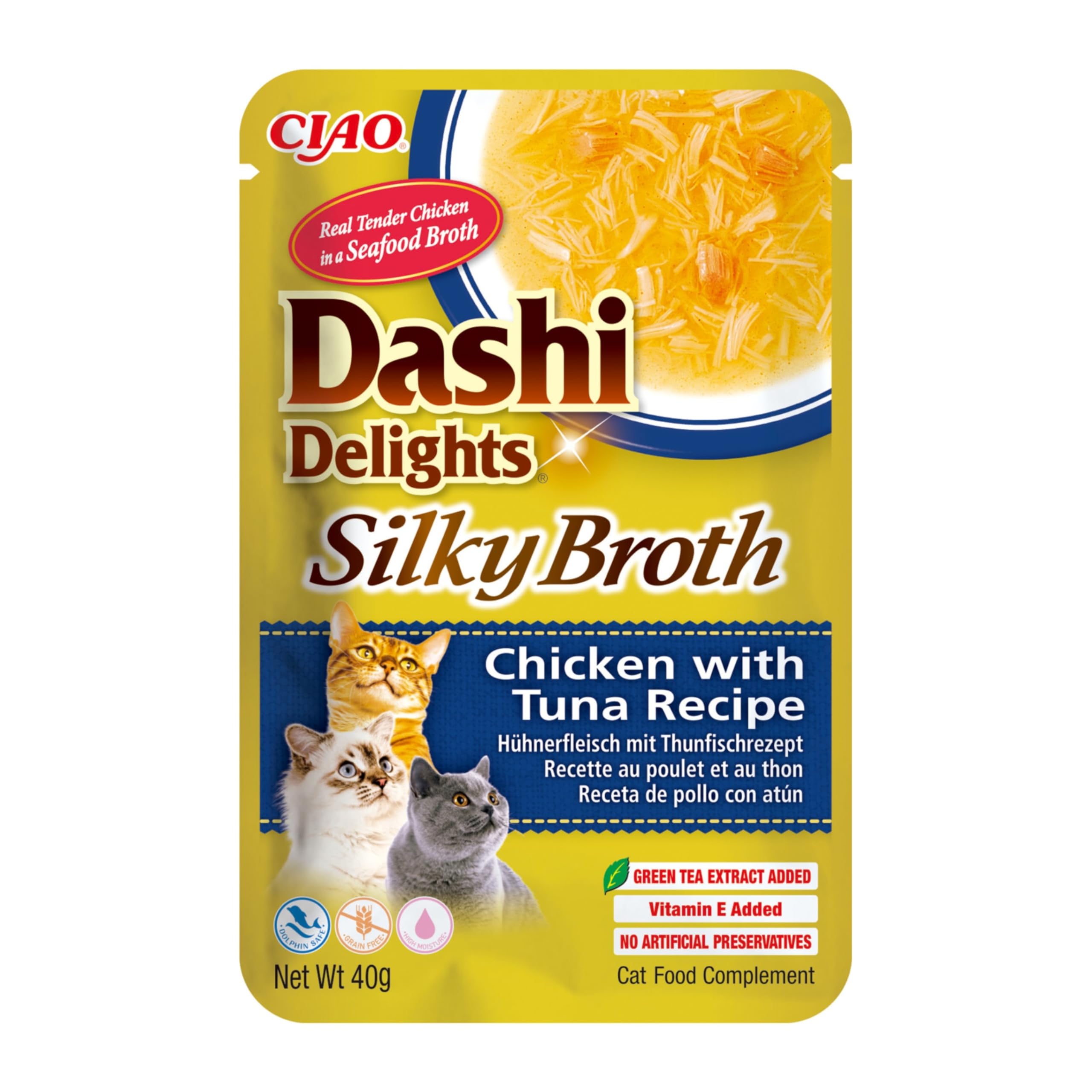 INABA Dashi Delights Silky Broth, Delicati Fiocchi in Brodo di Pollo con Tonno - Cibo Umido per Gatti, Snack per Gatti Con Proteine, Ingredienti Naturali - Pasto Complementare - 1 x 40gr