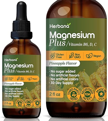 Magnesio Plus Sabor a Piña para Niños y Adultos  Citrato de Magnesio, GlicinatoL-treonato y Vitamina B6, D, CLiquid Drops Suplemento 2 fl oz
