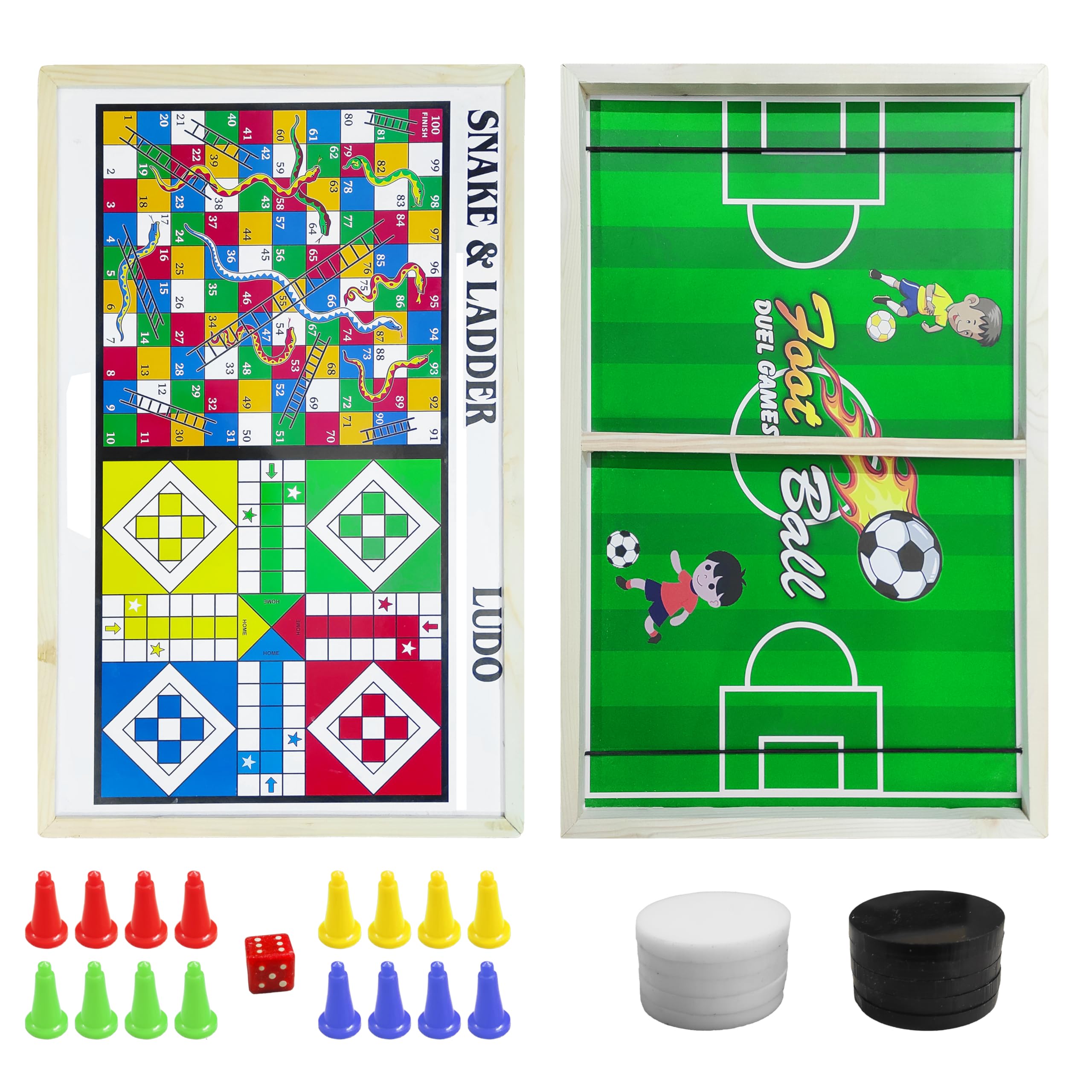 VGRASSP 3 in 1 Fastest Finger Ludo, Snake & Ladder Wooden Board Game for Kids & Adults - Double Sided Sling Puck Birthday Gift for Family Entertainment - Made with Pine Wood (24 Inch Random Design)