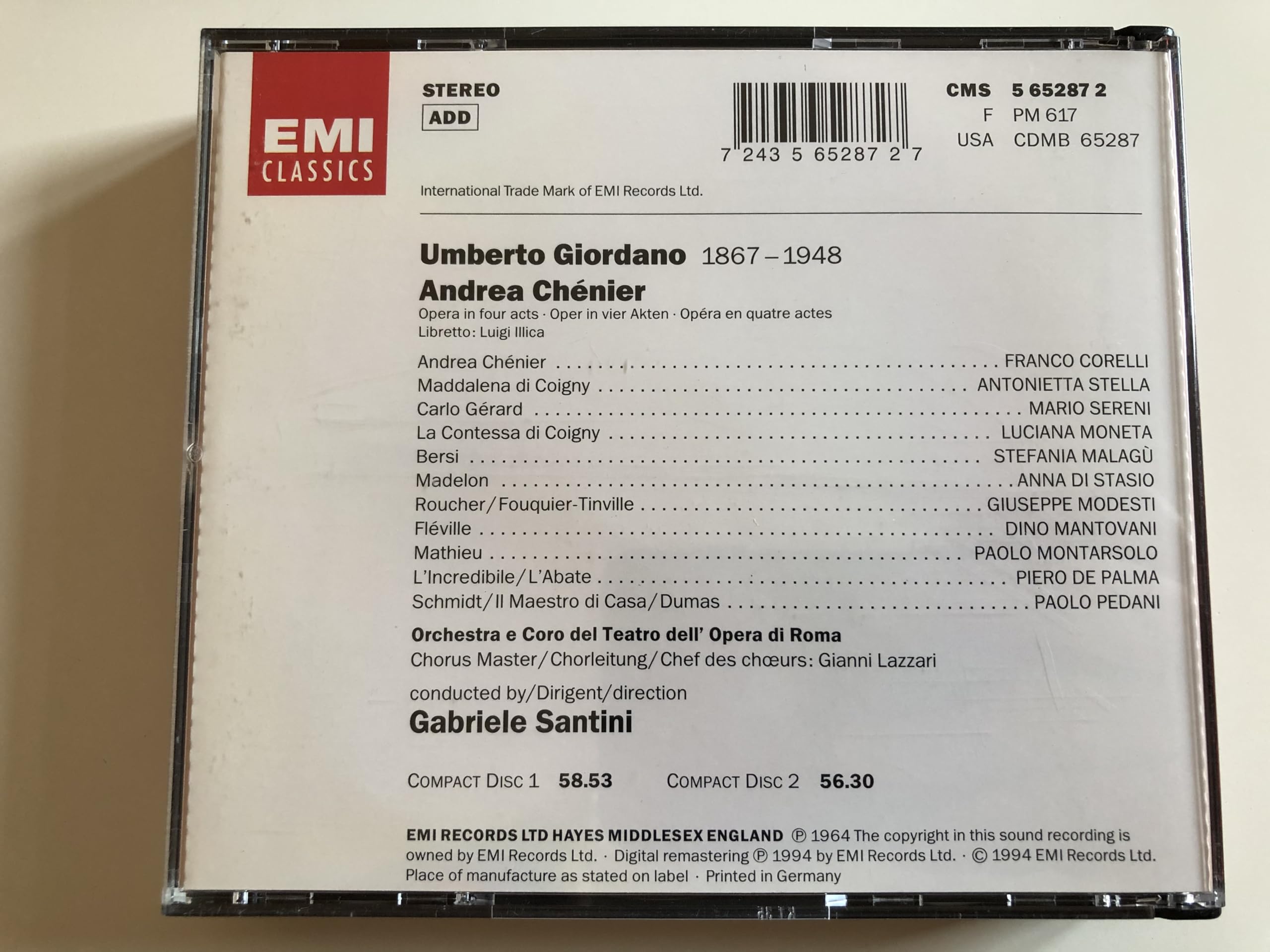 Giordano: Andrea Chénier (Gesamtaufnahme(ital.),Aufnahme Rom 1963)