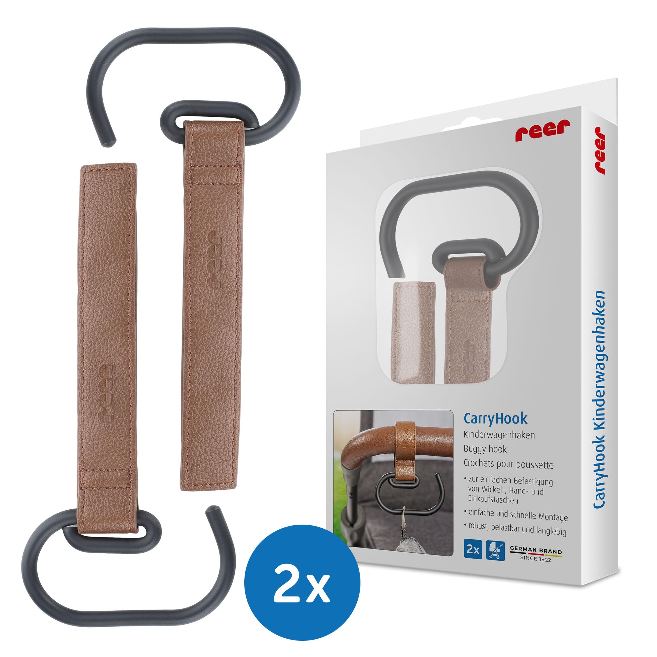 reer CarryHook haczyki do wózka dziecięcego, 2 sztuki, uniwersalne haczyki na torby na pieluchy i torby na zakupy, mocowanie na rzepy, akcesoria do wózków dziecięcych, brązowo-czarne