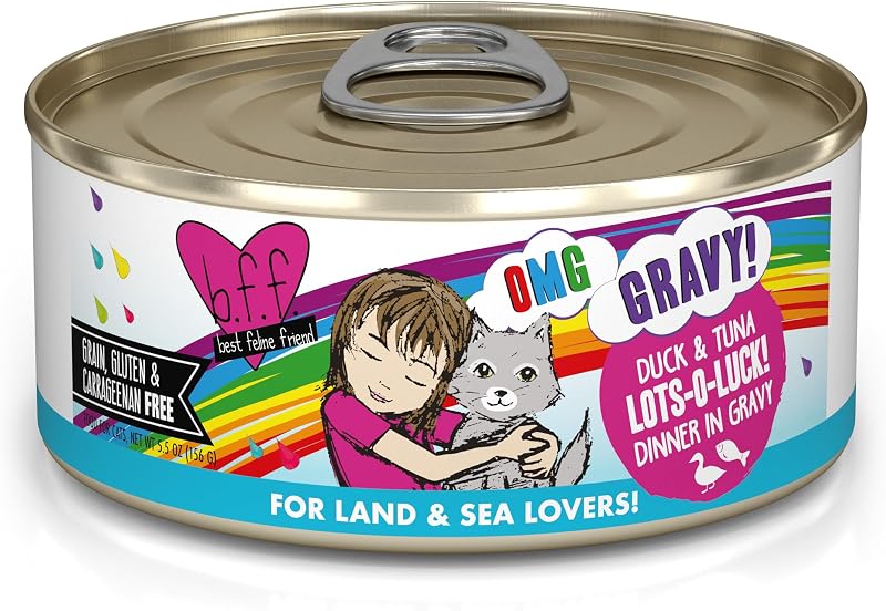 Ração úmida para gatos Weruva B.F.F. OMG Lots-O-Luck! com pato e atum ao molho, Pacote com 8 latas de 156 g