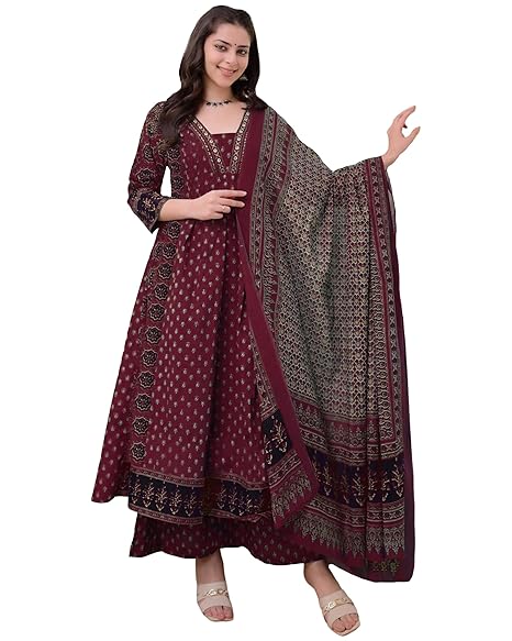 ANNI DESIGNER Women's Anarkali Kurta Set with Dupatta | Pure Cotton Suit Set for Women | Ajrakh Print Kurta Palazzo Dupatta Set | 3 Piece Ethnic Wear for Festival & Party