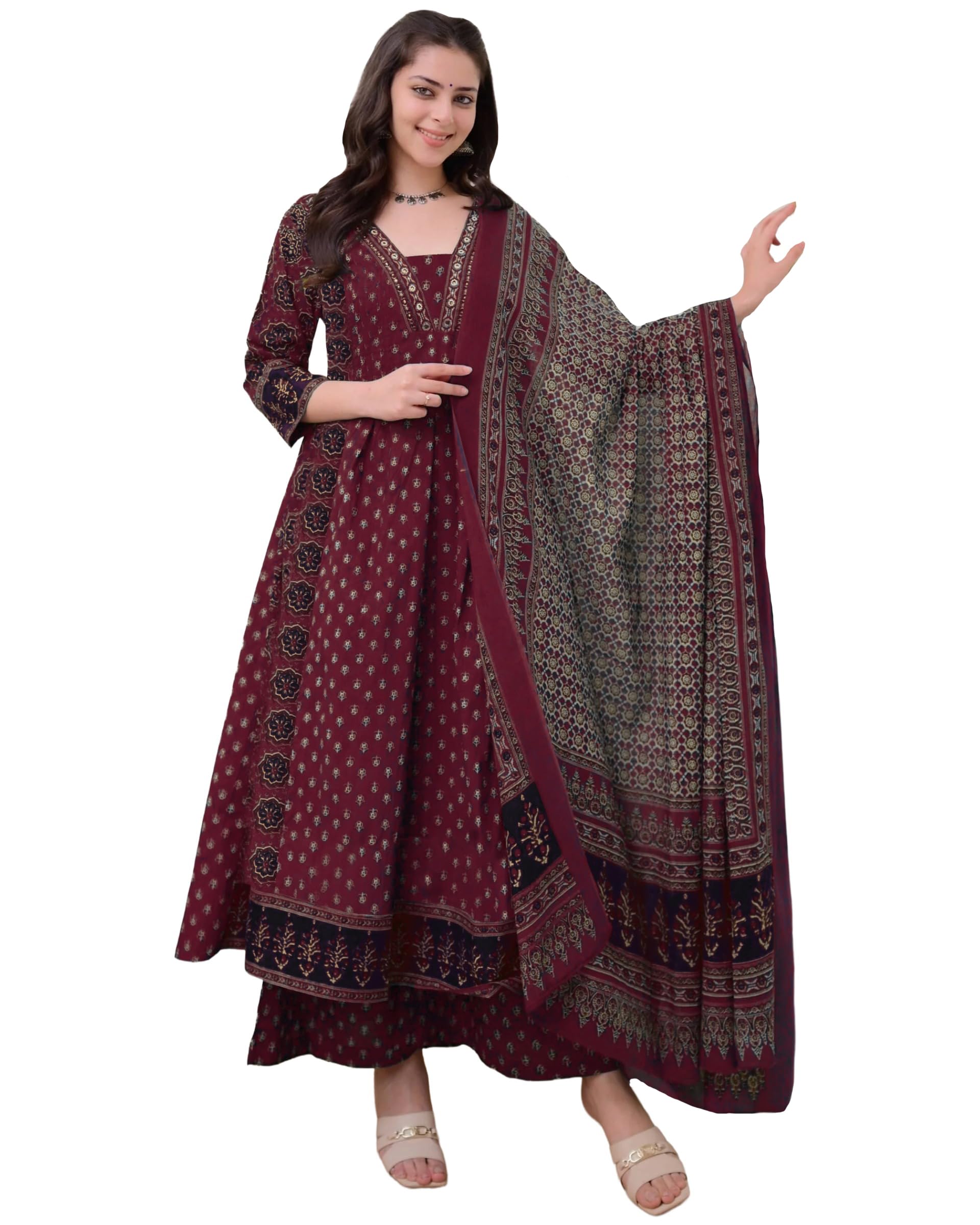 Women's Rayon Viscose Anarkali Printed Kurta with Palazzo & Dupatta