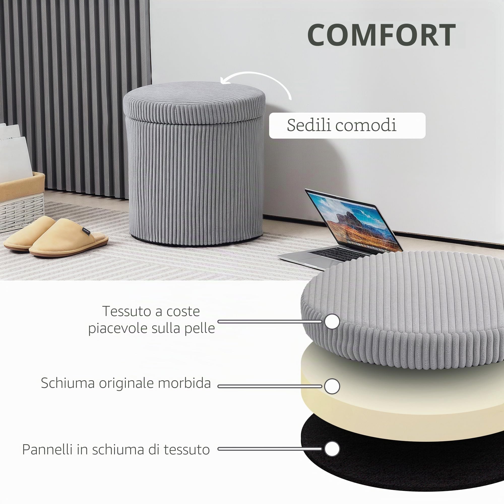 HOMCOM Pouf Rotondo Portaoggetti Baule Ø40x41 cm Grigio Chiaro | Rivestimento in velluto a coste, seduta imbottita, coperchio rimovibile, per ingresso, camera da letto, soggiorno.