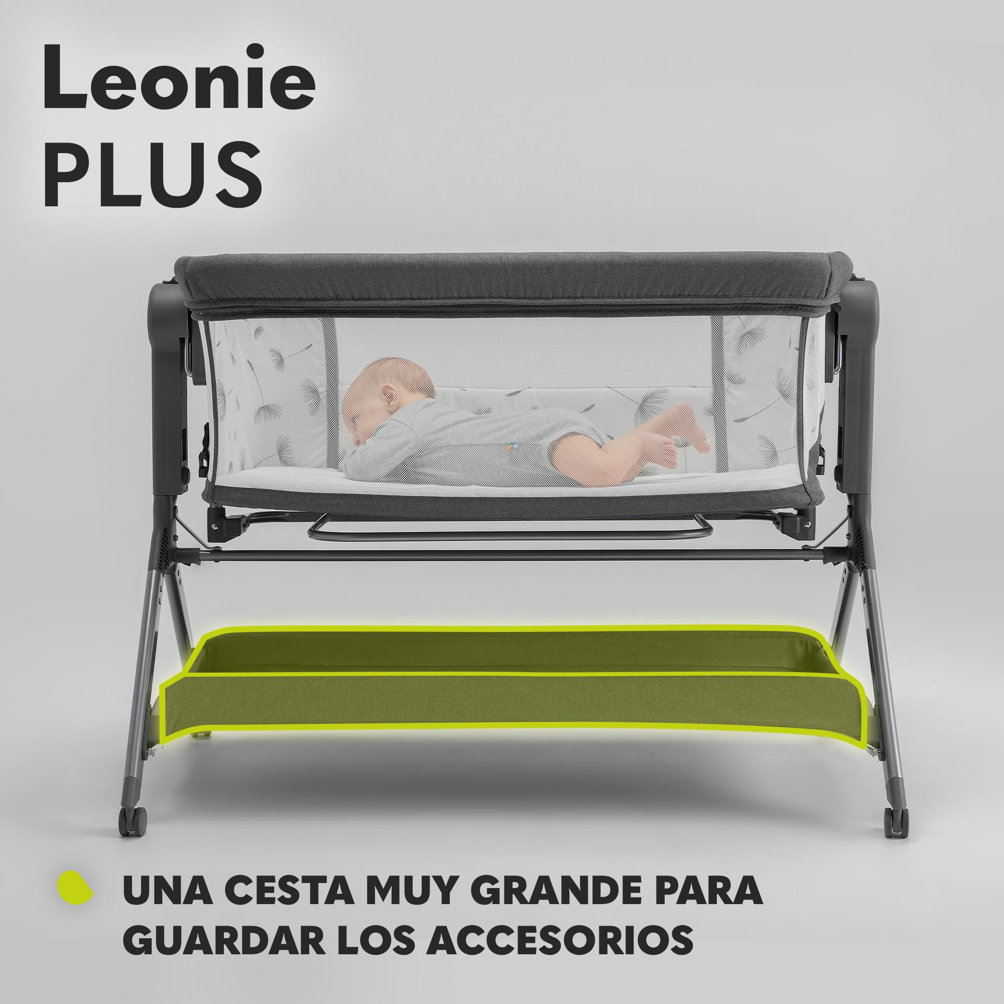 lionelo Leonie Plus 3 en 1 Cama de bebé Independiente hasta 9 kg, Cama supletoria y Cuna, Ajuste de Altura, Panel Lateral con ventilación, Panel Lateral Desmontable, Ruedas con Freno, Cesta Grande