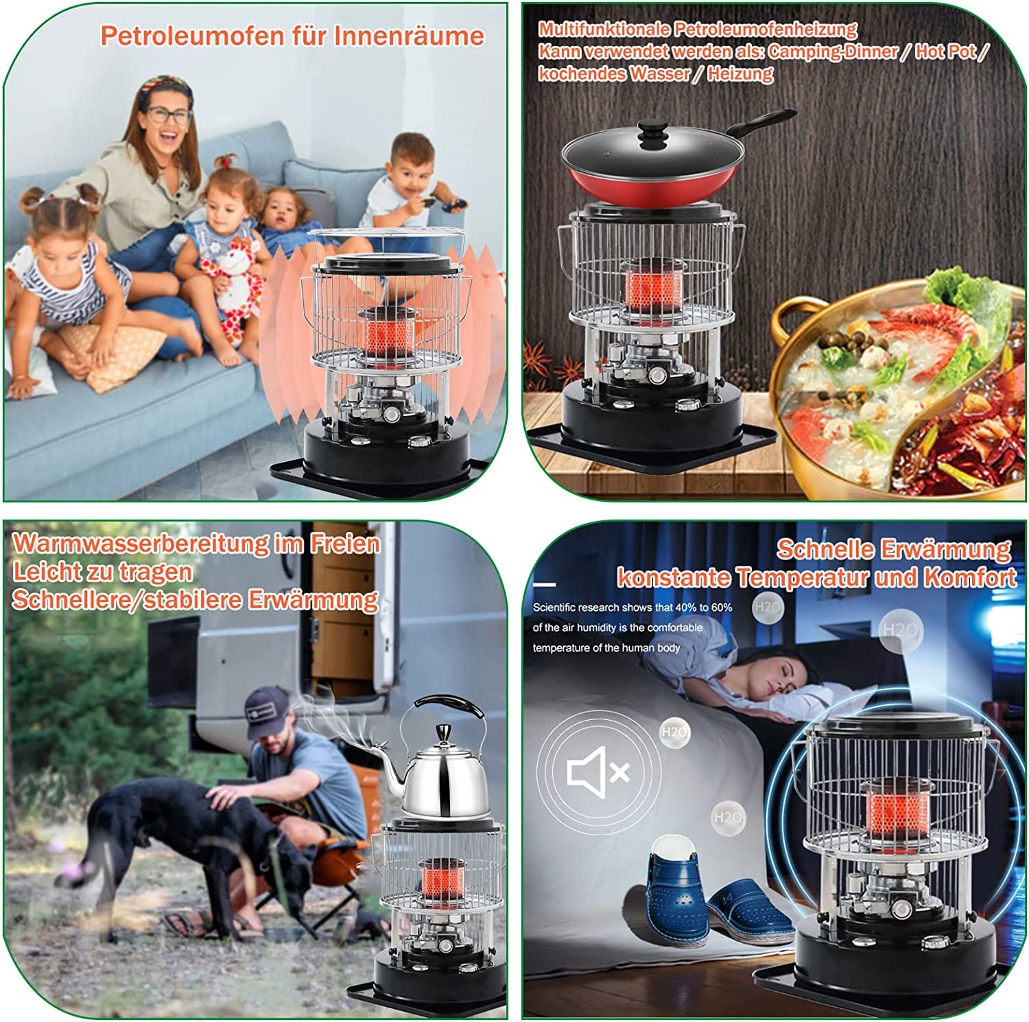 Petroleumofen für Innenräume, Ohne Strom Mobile Petroliumheizer Petroleum Heizung Heizer mit Umfallschutz und Löschautomatik 360° Heizstrahler für Indoor Zeltheizung Camping Kochen Notheizung (6L)
