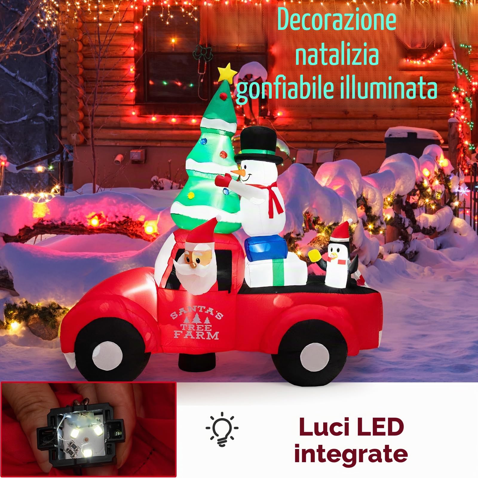 SOARS Decorazioni Natalizie, Babbo Natale Gonfiabile in Auto 240 CM, con Regalo, Pupazzo, Albero, Pinguino, Luce LED Incorporata, Addobbi Natalizi per Esterno Interno per Casa, Giardino, Cortile