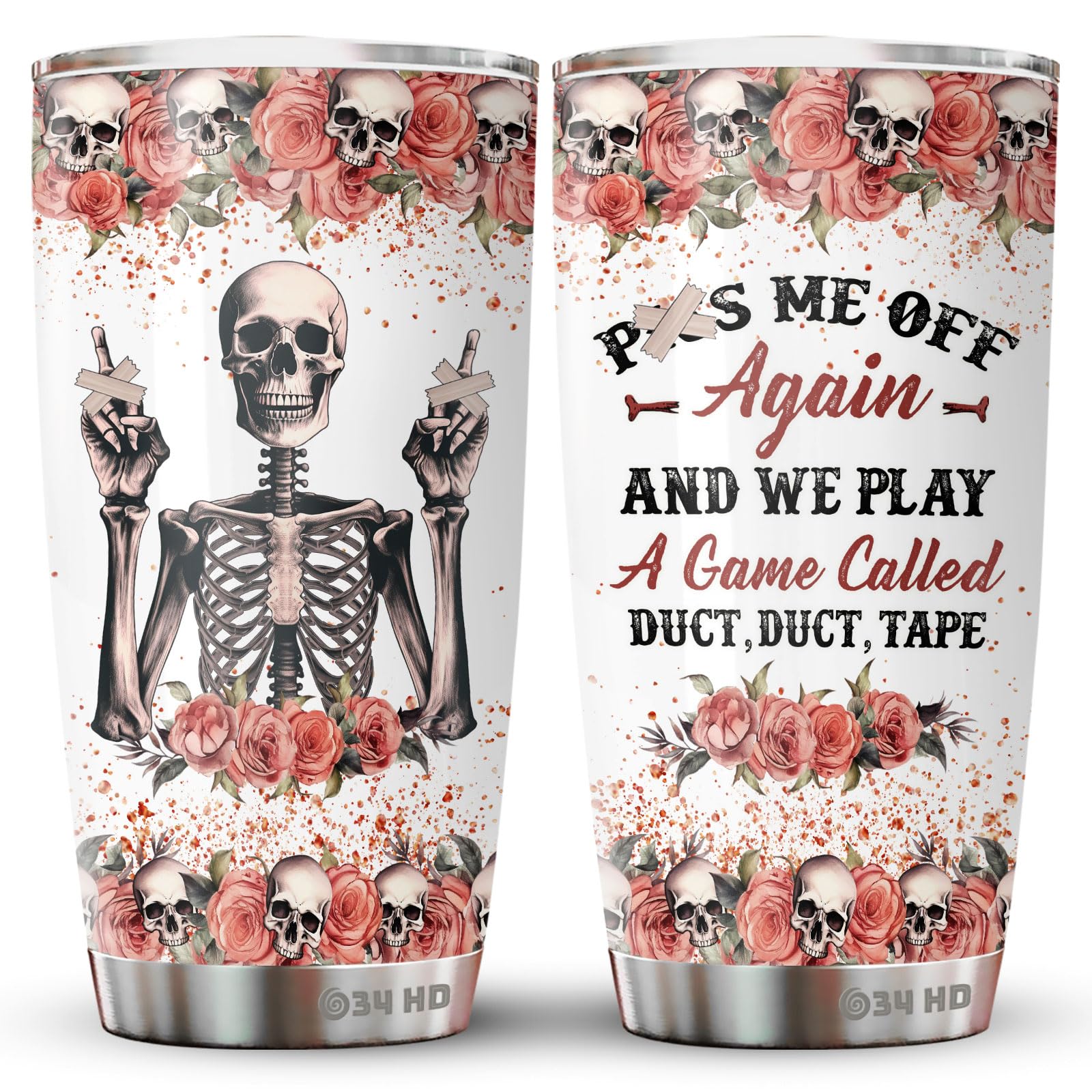 34HD Skull Gifts for Skull Lovers, Rose Skull Tumbler 20 Oz Stainless Steel with Lid, Skeleton Coffee Cup, Sugar Skull Mug, Skeleton Gifts for Christmas