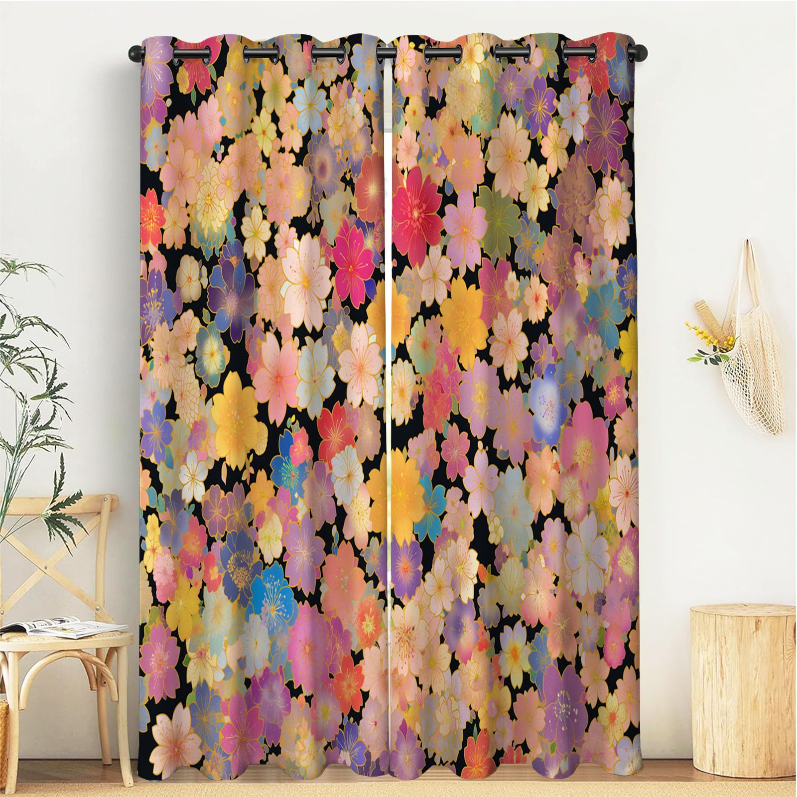 Lot de 2 rideaux occultants à oeillets fleur de cerisier décoration fenêtre 140x225