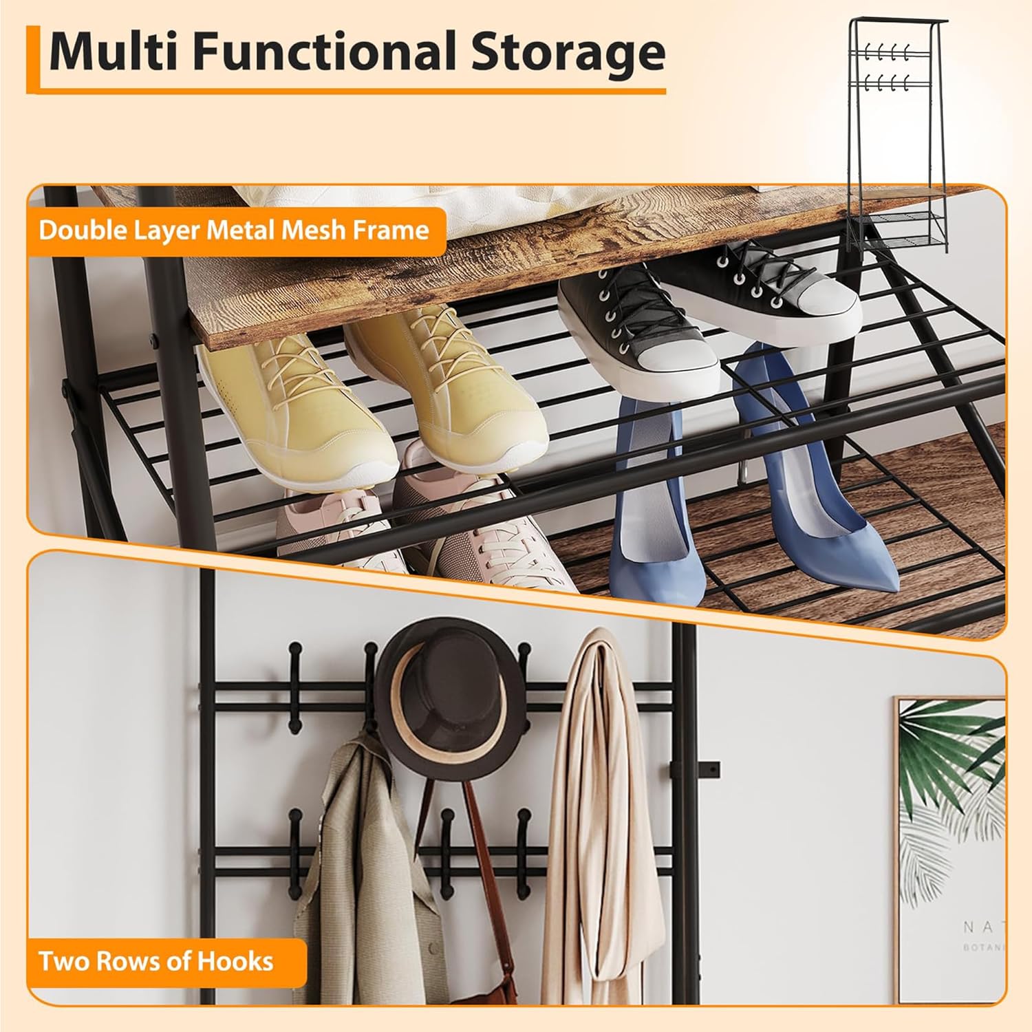 GarveeHome Coat Rack, Hall Tree with Bench and Shoe Storage, Entryway Bench with Coat Rack, 8 Hooks and 3 Tier Shoe Storage, Metal Frame for Entryway, Hallway, Front Door, Rustic Brown