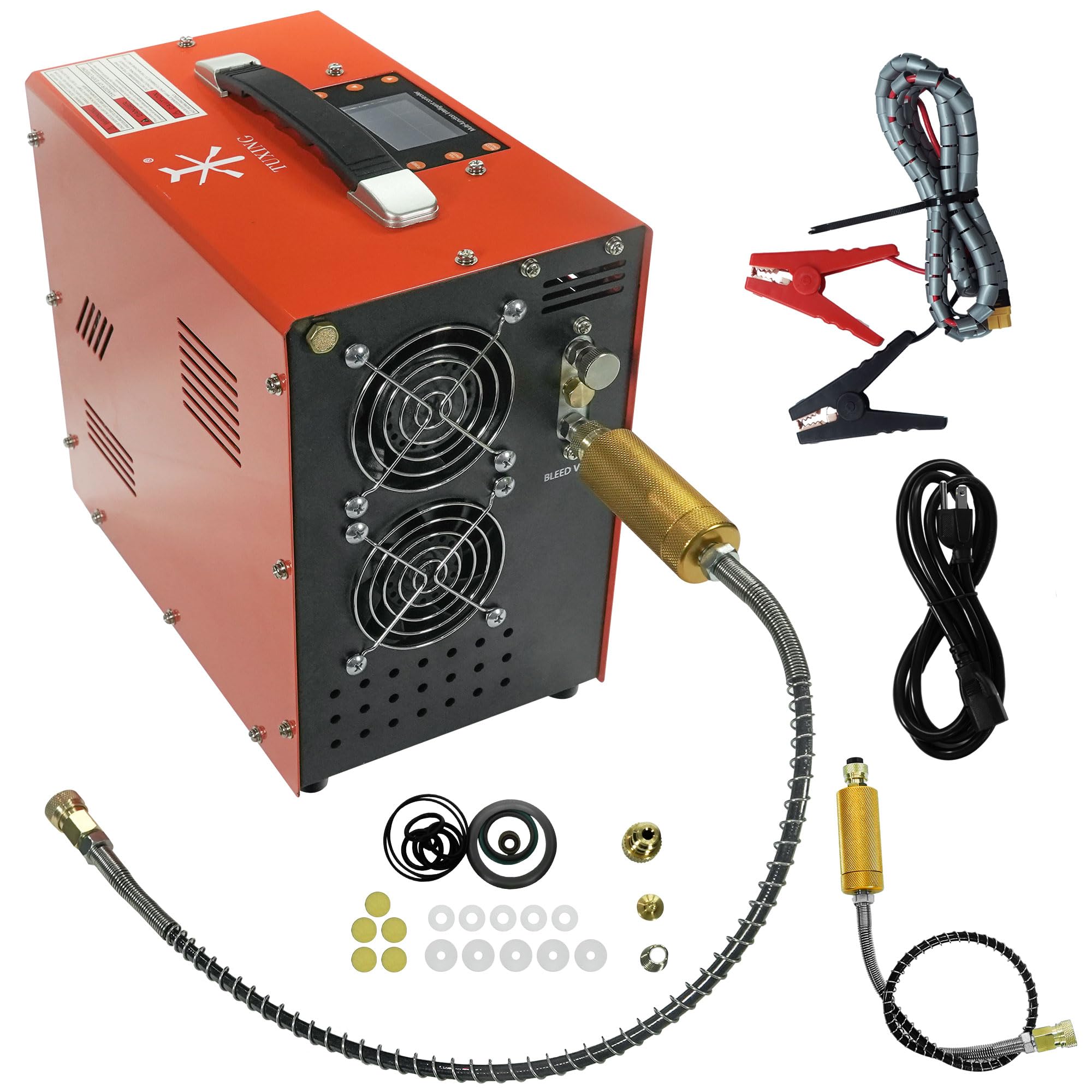 Tuxing Orange Pcp Air Compressor,Lcd Display Version Auto-Stop 4500Psi/30Mpa,Oil/Water-Free,Built-In Transformer/Drain System Pump For Pcp Air Rifles And Airguns (Txes064)