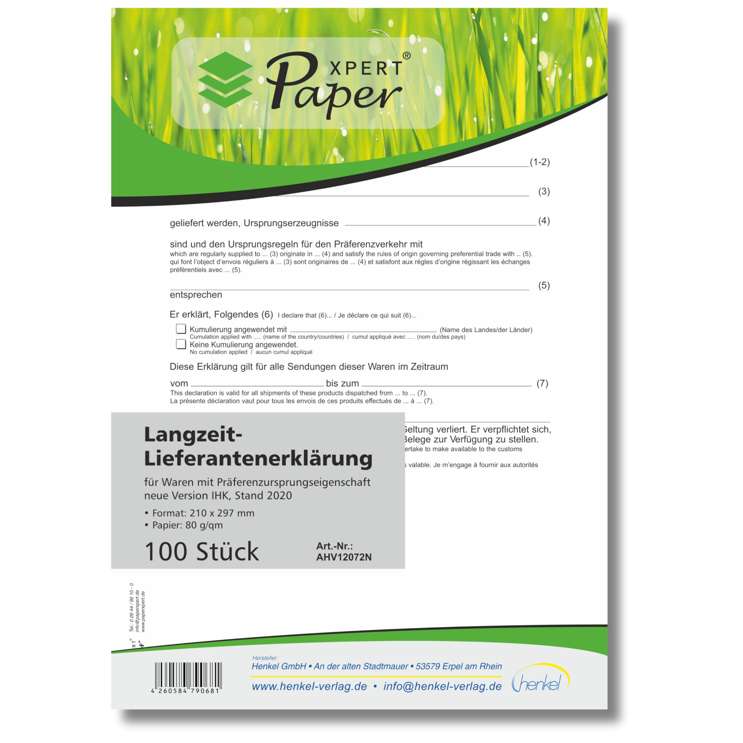 Langzeit-Lieferantenerklärung für Waren mit Präferenzursprungseigenschaft x 100 | neue Version | DIN A4 Einzelblätter | Für Laser- & Inkjetdrucker | Premium Markenqualität – Made in Germany
