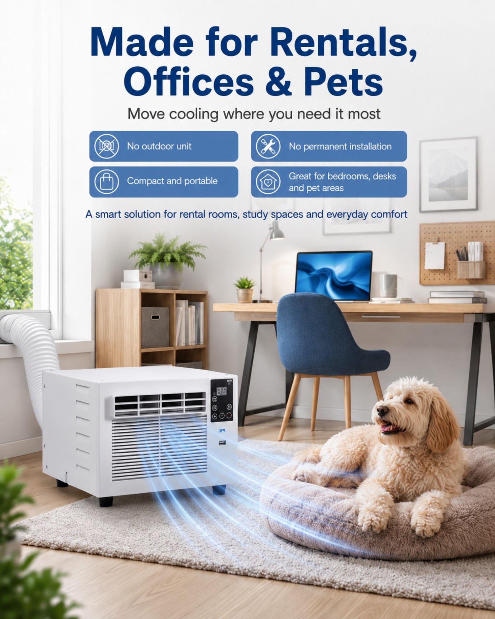 Aire Acondicionado Portátil 750W para 4m² con Tubo de Salida, Dormitorios, Oficinas, Estudios | Ruido De 24–35db, Temporizador 1–12h, Control Remoto, Modos FríO Seco VentilacióN