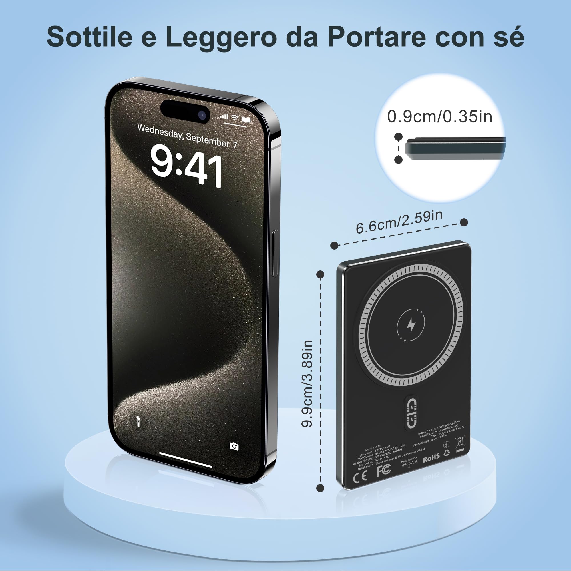 YISH Wireless Mag-Safe Power Bank: 5000mAh Ultra-slim Magnetico Powerbank, Caricatore Portatile Ricarica Rapida USB C PD 20W, Magnetica Battery Pack Compatibile con iPhone 16/15/14/13/12 Pro/Pro Max