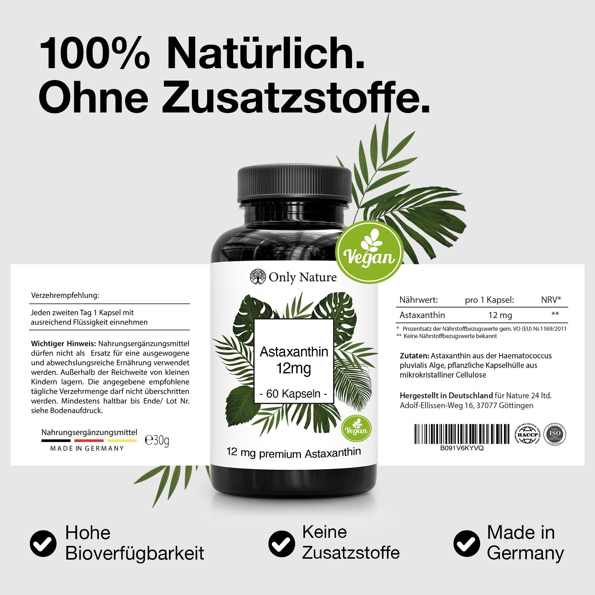 Only Nature® Astaxanthin 12 mg - 60 hochdosierte Kapseln - Made in Germany & Laborgeprüft - Natürlich & Ohne Zusätze