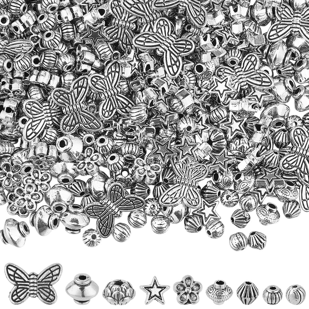Perles d'espacement argentées papillon et étoile en métal tibétain pour bijoux DIY