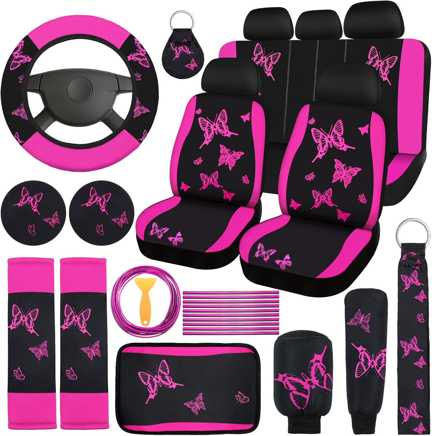 BBTO 43 Pcs Butterfly Car Seat Full Set Butterfly Car Accessories for Women 5 Front Rear Seat Covers Wrist Strap 2 Pcs Cup Mat Armrest Pad 2 Belt Cover Accessories for SUV (Rose, Black)
