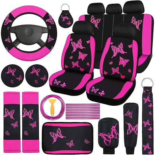 BBTO 43 Pcs Butterfly Car Seat Full Set Butterfly Car Accessories for Women 5 Front Rear Seat Covers Wrist Strap 2 Pcs Cup Mat Armrest Pad 2 Belt Xmas Cover Accessories for SUV(Rose, Black)