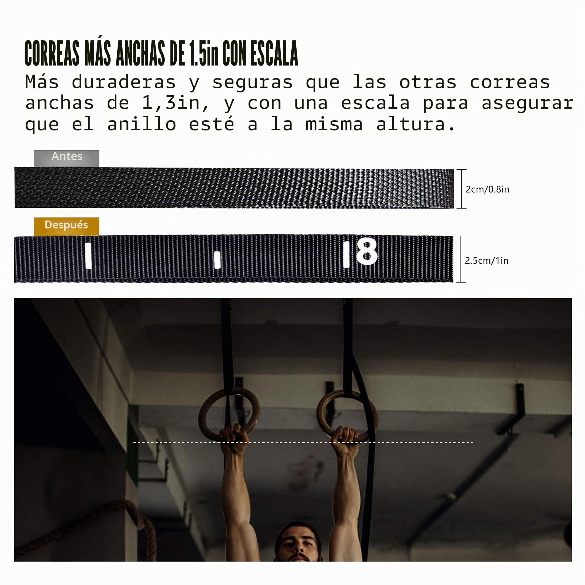 CCLIFE Anillos de Gimnasia de Madera con Correas Hebillas Ajustable, Anillas Entrenamiento Antideslizante para Entrenamiento y Fitness en Casa, Dimension 28mm,Carga 450KG