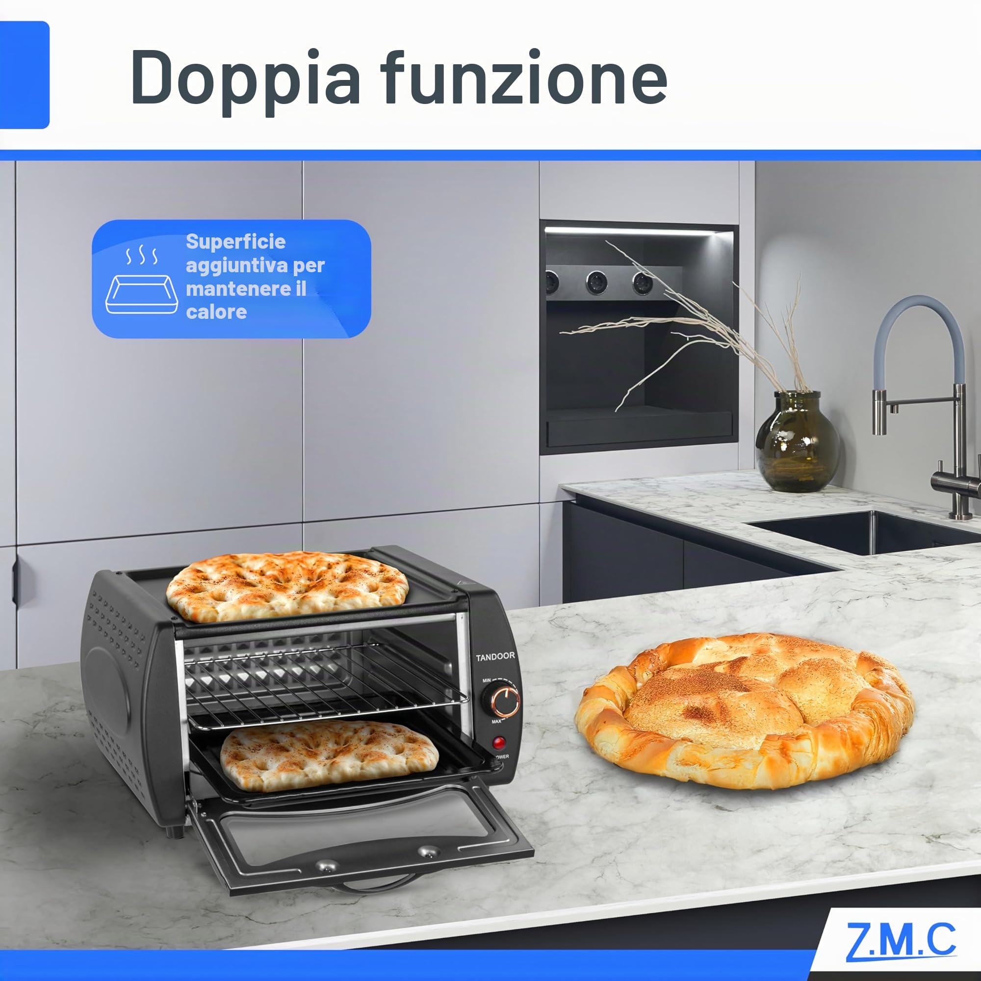 ZMC Mini Tandoor 2100W 22L - Forno per Lahmacun, Pizza, Naan e Pane Compatto, Potente, Riscaldamento Rapido, Ideale per Piatti Autentici.