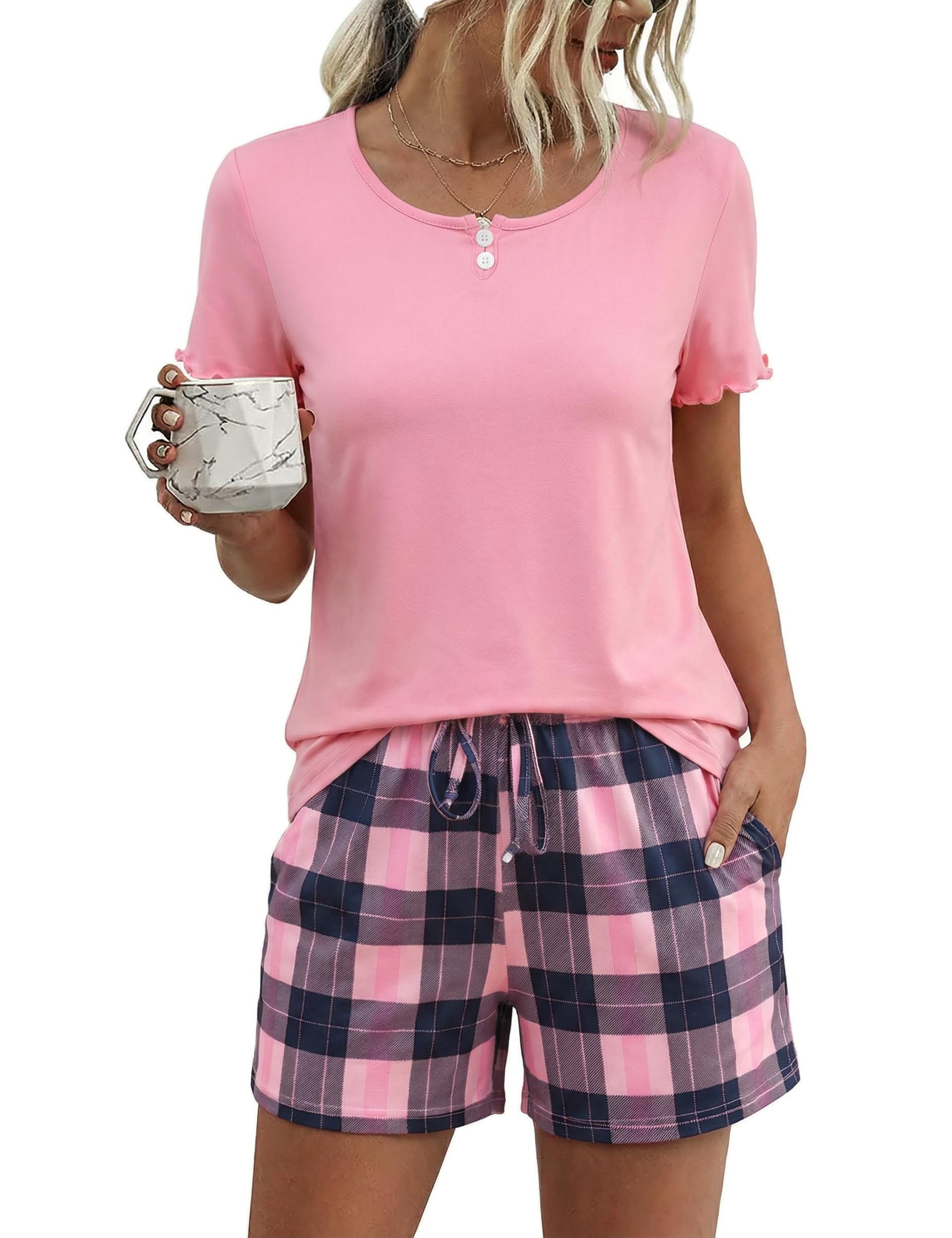 Aseniza Schlafanzug Damen Kurz Pyjama Baumwolle Set Sommer Hausanzug Kurzarm Zweiteilig mit Karierten SchlafhosenTaschen und Rundhalsausschnitt Nachtwäsche mit Dekorativen Knöpfen