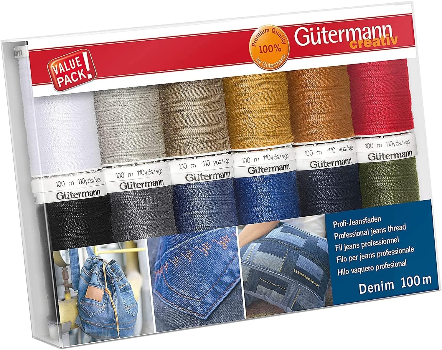 creativ Sewing thread set with 12 spools of professional denim thread denim 100 m in typical denim quilting colours