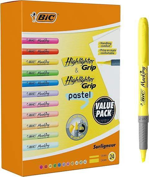 BIC Evidenziatori Highlighter Grip, perfetti per l'aula o l'ufficio, colori assortiti, confezione da 24