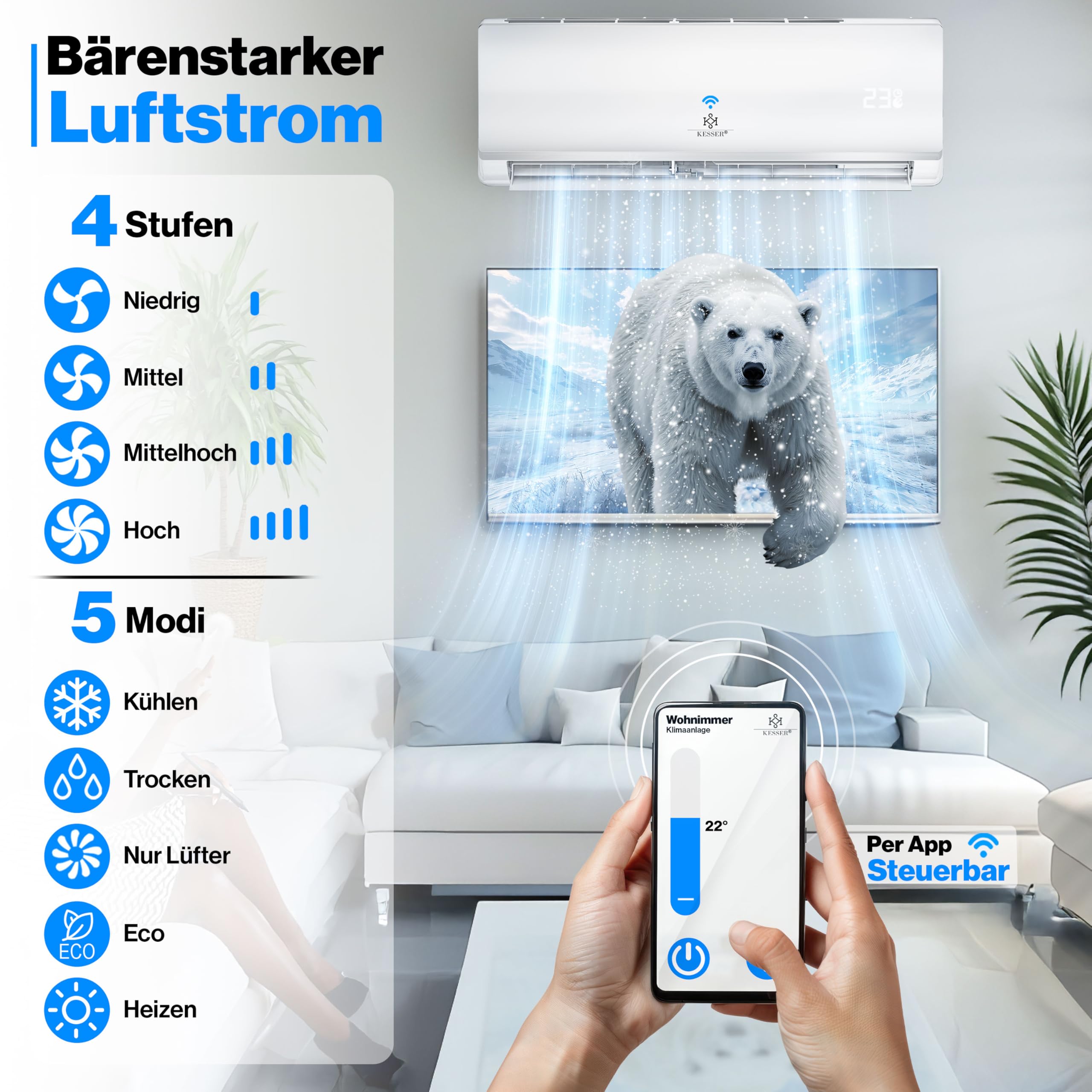 KESSER Split Klimaanlage Set Quick Connect 9000 BTU 2,6 kW WiFi Klimagerät mit Heizfunktion & Kühlmodus R32