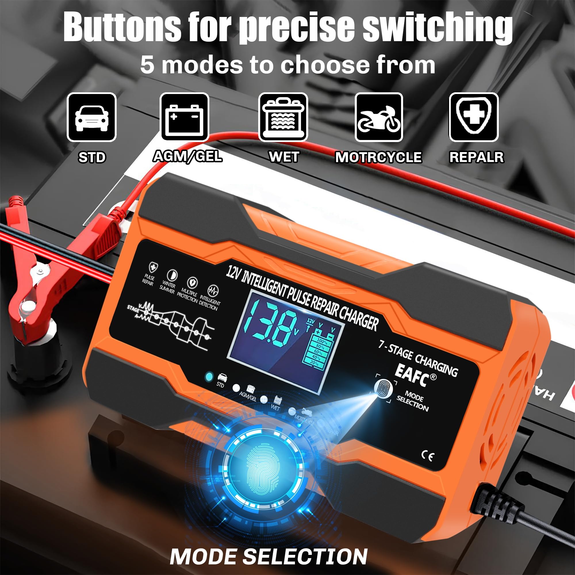 EAFC Caricabatterie per auto da 12 V 12 A e mantenitore della batteria, caricatore automatico a 7 stadi con modalità di riparazione, display LCD e compensazione della temperatura per batterie AGM, GEL