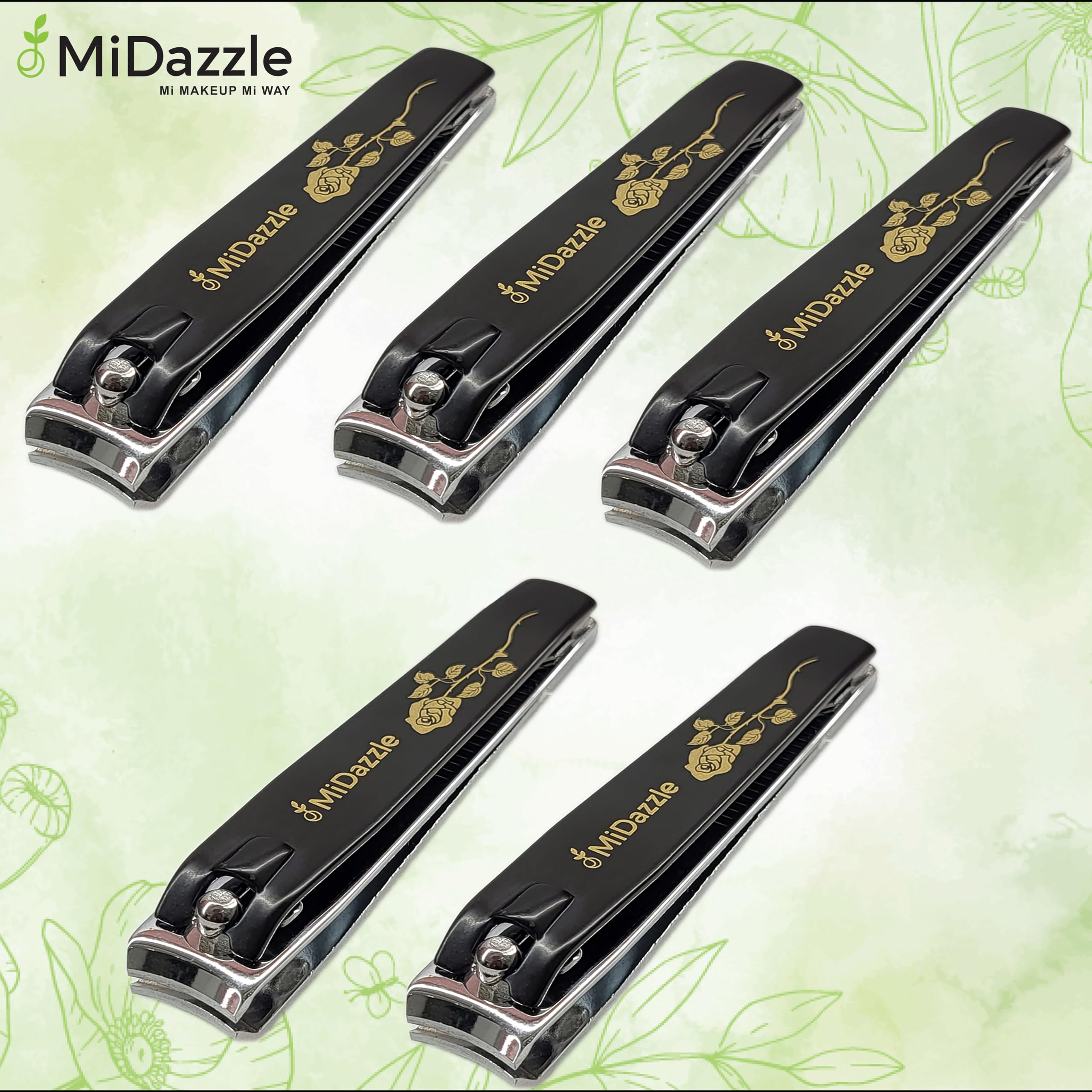 Midazzle Large Nail Clipper with Anti-Slip Grip for Men & Women | Stainless Steel Nail Trimmer for Fingernails & Toenails | Nail Cutter | Professional Manicure Pedicure Kit Tool (Pack of 5)