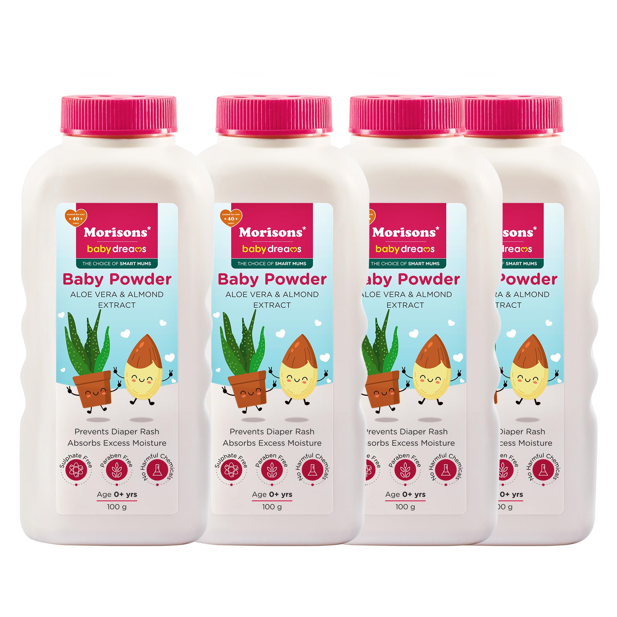 Morisons* babydreams THE CHOICE OF SMART MUMS Baby Powder With Aloe Vera&Almond Extract,100 Gm(Pack Of 4)