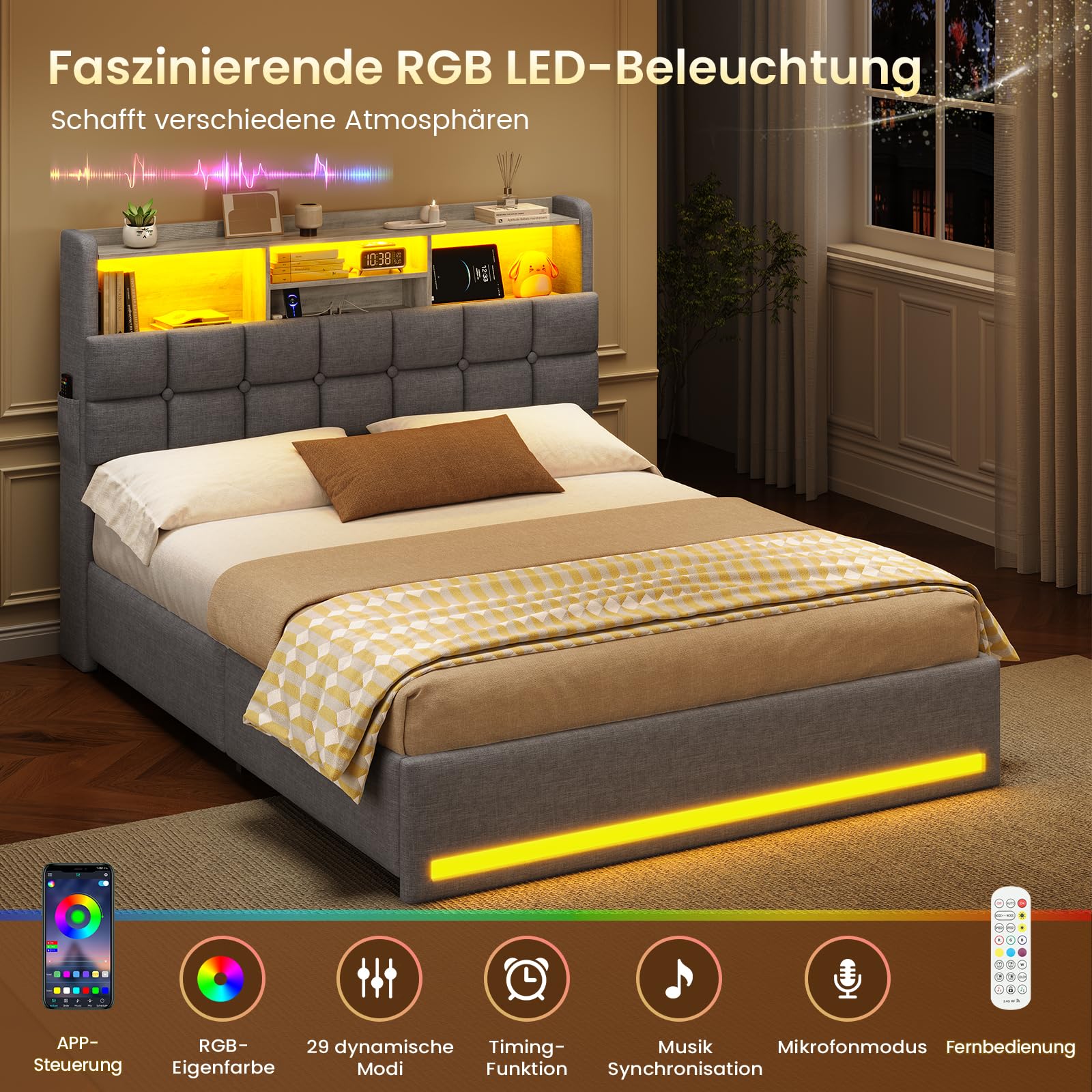 AOGLLATI Polsterbett 140×200 Hydraulisches Stauraumbett mit LED-Bleuchtung,Jugendbett mit USB- und Type-C-Anschlüsse Doppelbett Bettgestell mit Holzlatten, Leinenstoff,ohne Matratze(Grau, 140x200cm)