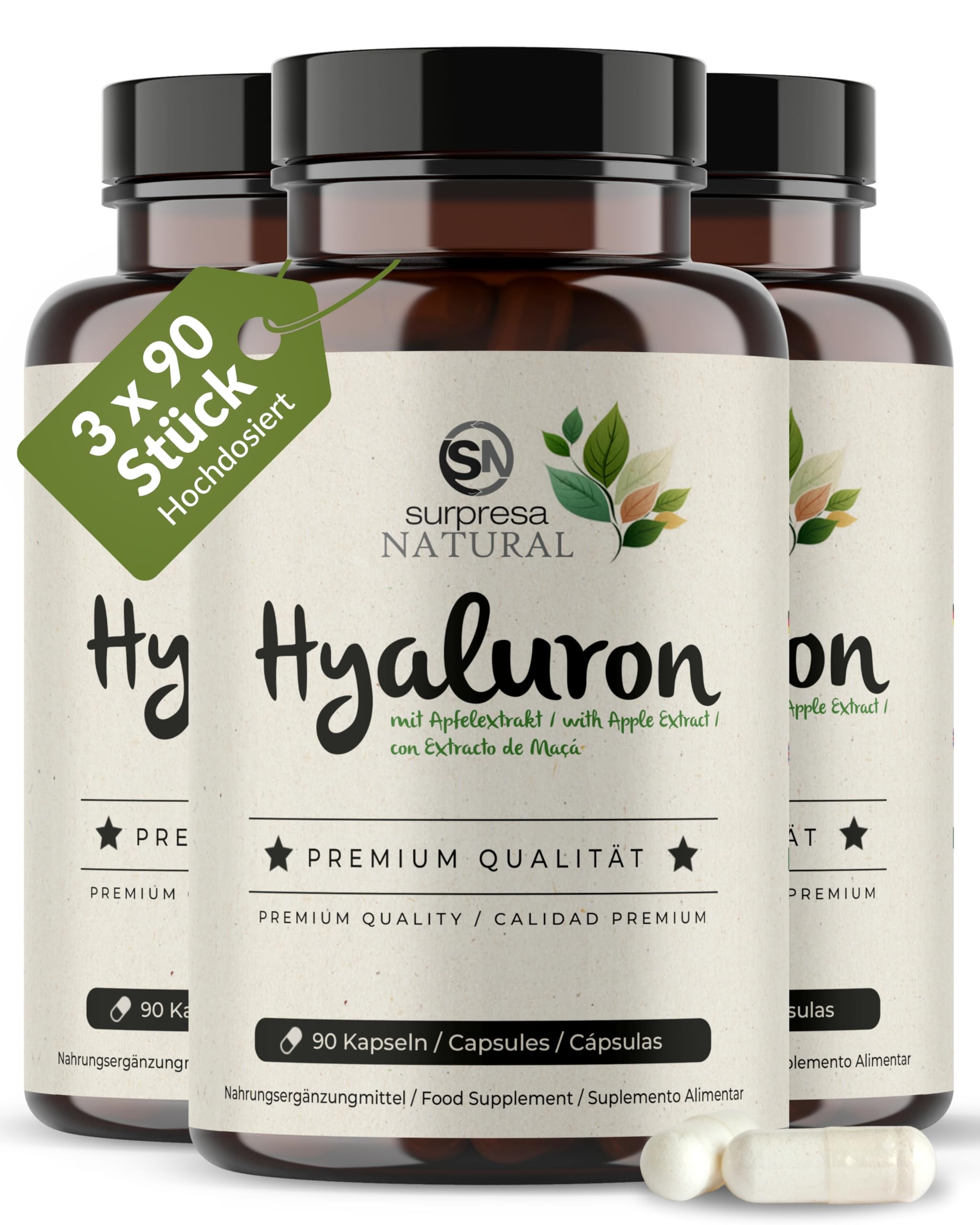 Hyaluronsäure Kapseln hochdosiert I 3x 90 Kapseln mit Apfel Extrakt I 500 mg Hyaluronsäure mit 500-700 kD pro Kapsel I Hyaluron Kapseln I vegan & laborgeprüft