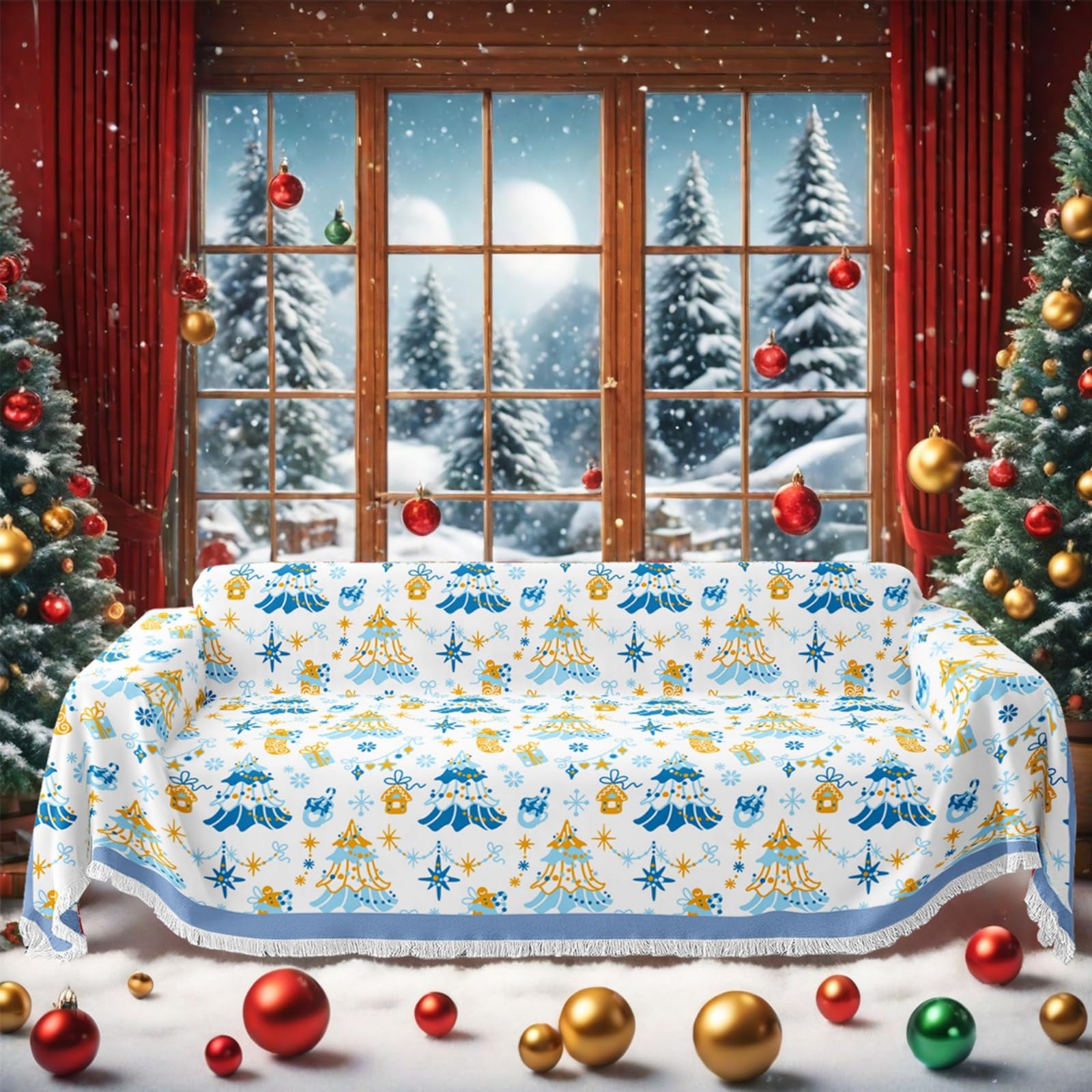 Large Sofa Cover, Christmas Print Sofa Chaise Cover with Fringes, Universal Sofa Cover for Lounge Chairs and Chaise Longue (Blue Christmas Tree, 180 x 130 cm)