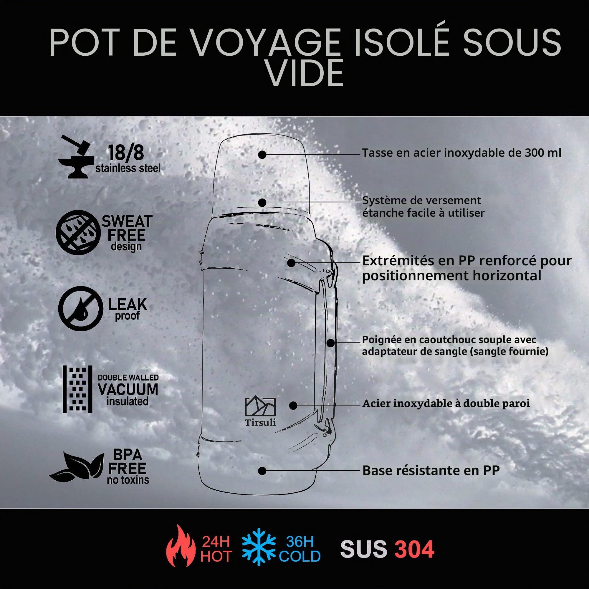 Bouteille isotherme de voyage 2 Litres à double paroi en acier inoxydable - Chaud/froid plus de 24 heures - eau, café, lait ou thé (bleu)
