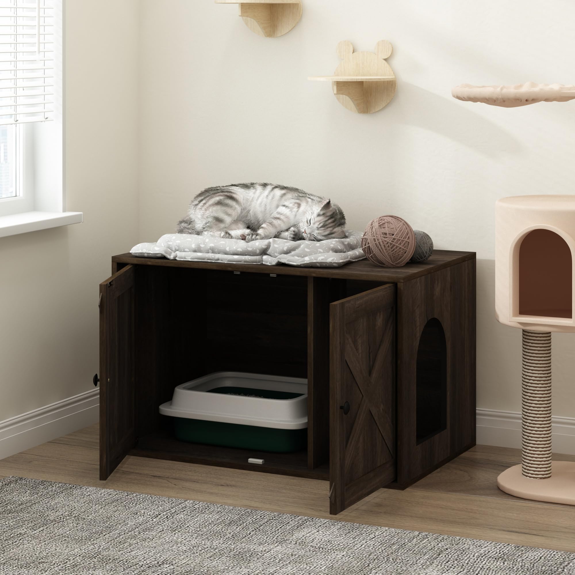 Furinno PELI Verstecktes Katzenstreu mit Seiteneingang, Holzhaus mit Lamellentür, Einfache Montage für Wohnzimmer, Ebenholz