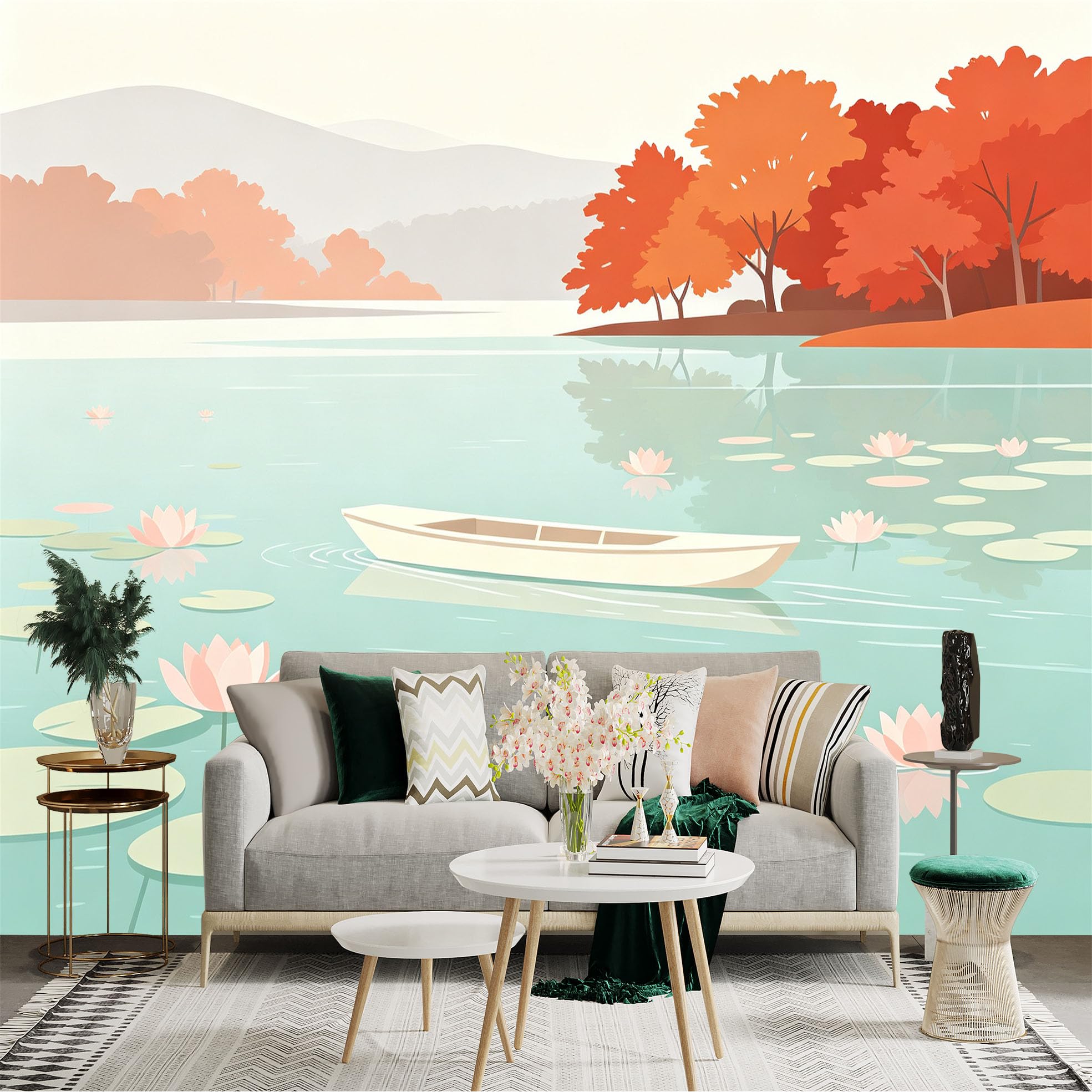 Custom Size Wall Sticker Mural， Serene Lake with Small Boat， Autumn Trees and Floating Lotus Flowers， for wall Decoration， peelandstick wall Decals.