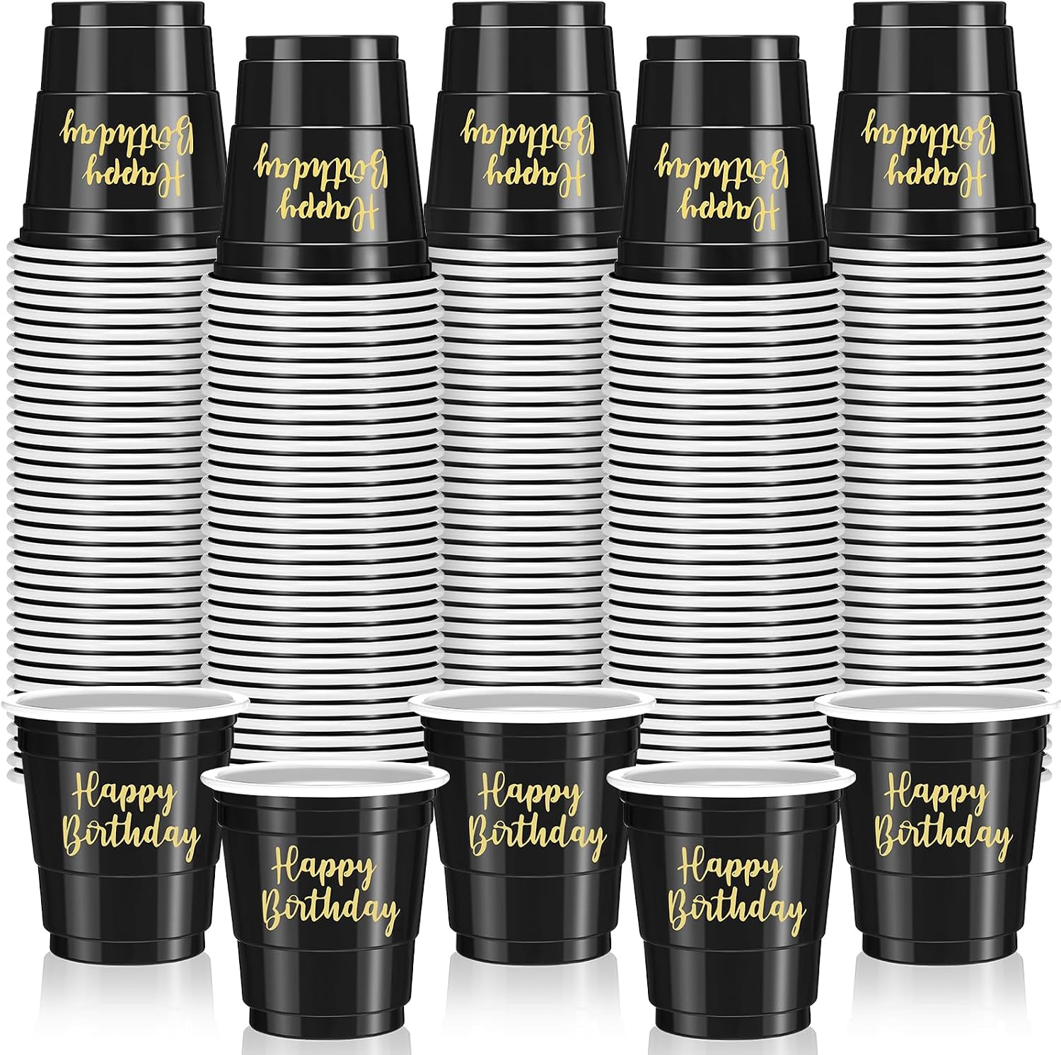 Layhit 100 Pcs Happy Birthday Plastic Shot Glasses 2oz Disposable Shot Cups for Party Mini Drinking Cups for Birthday Wedding Party Favors Tasting Serving Snacks Samples(Black)