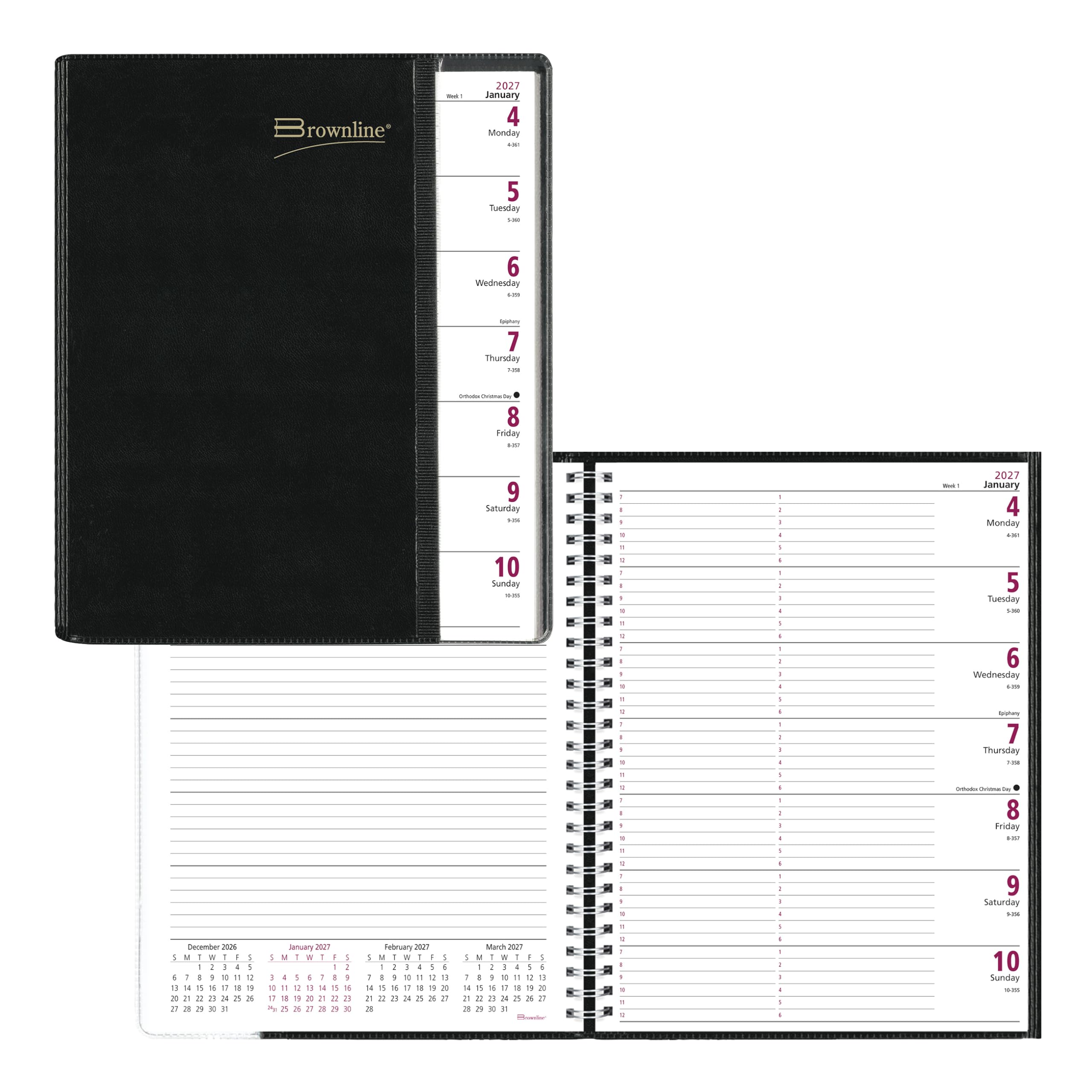 Brownline® 2027 Pre-Vu™ Agenda Settimanale, Copertina Flessibile a Tre Pieghe, Rilegatura a Doppio Filo, Nero (CB925.BLK)