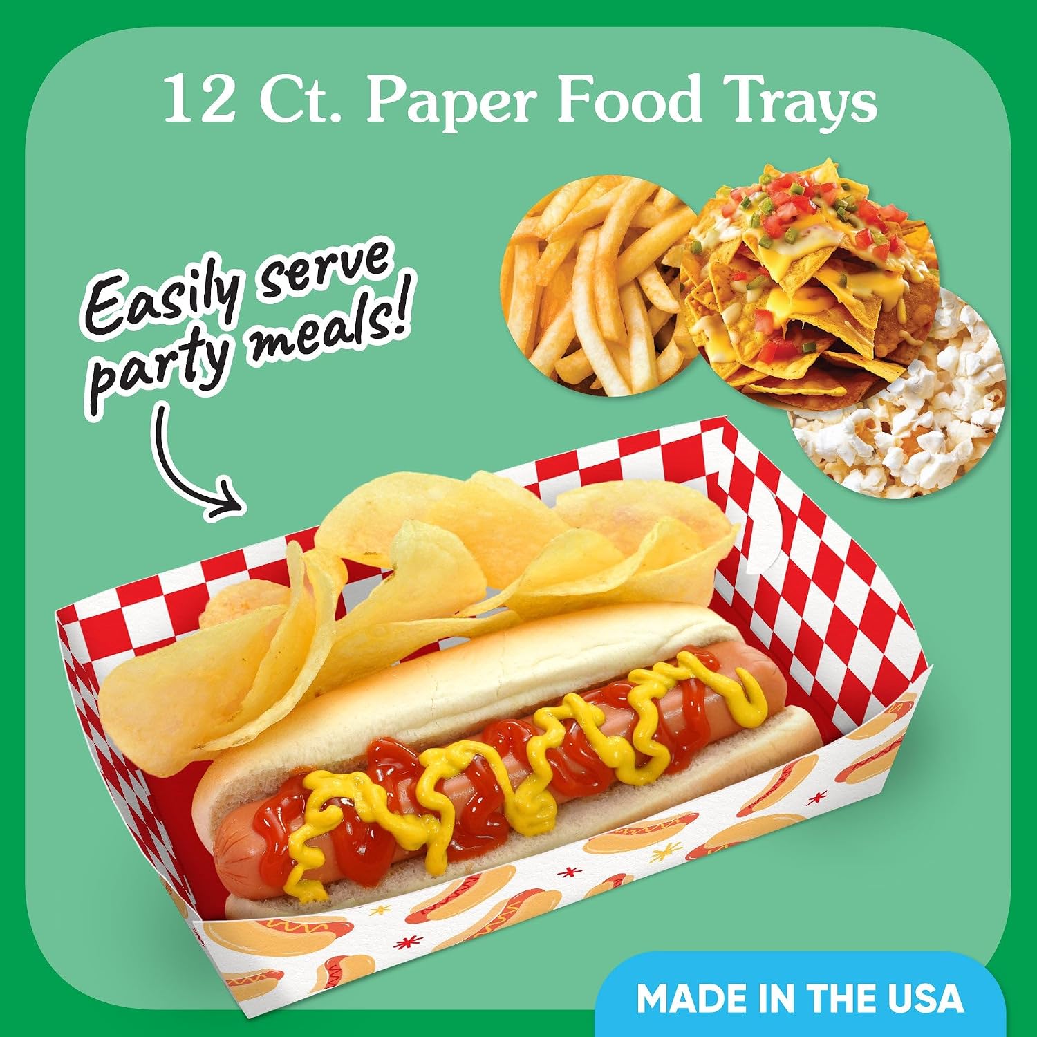 Big Dot of Happiness Hot Dog Food Trays, Disposable Food Boats for Summer Birthday BBQ Picnic Party, Double-Sided Paper Meal Holders for Hot Dogs, Nachos, Snacks - 12 Ct