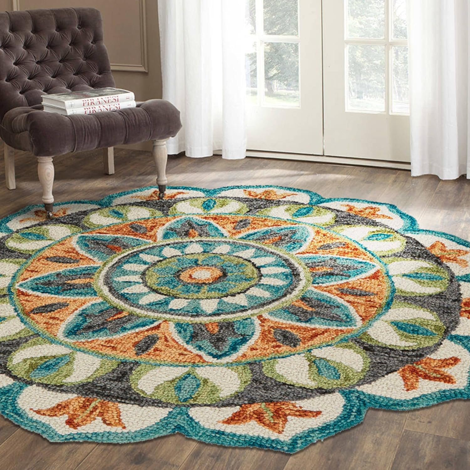 CC Home Furnishings 4' Blue and Green Floral Petaled Hand Tufted Wool Area Throw Rug