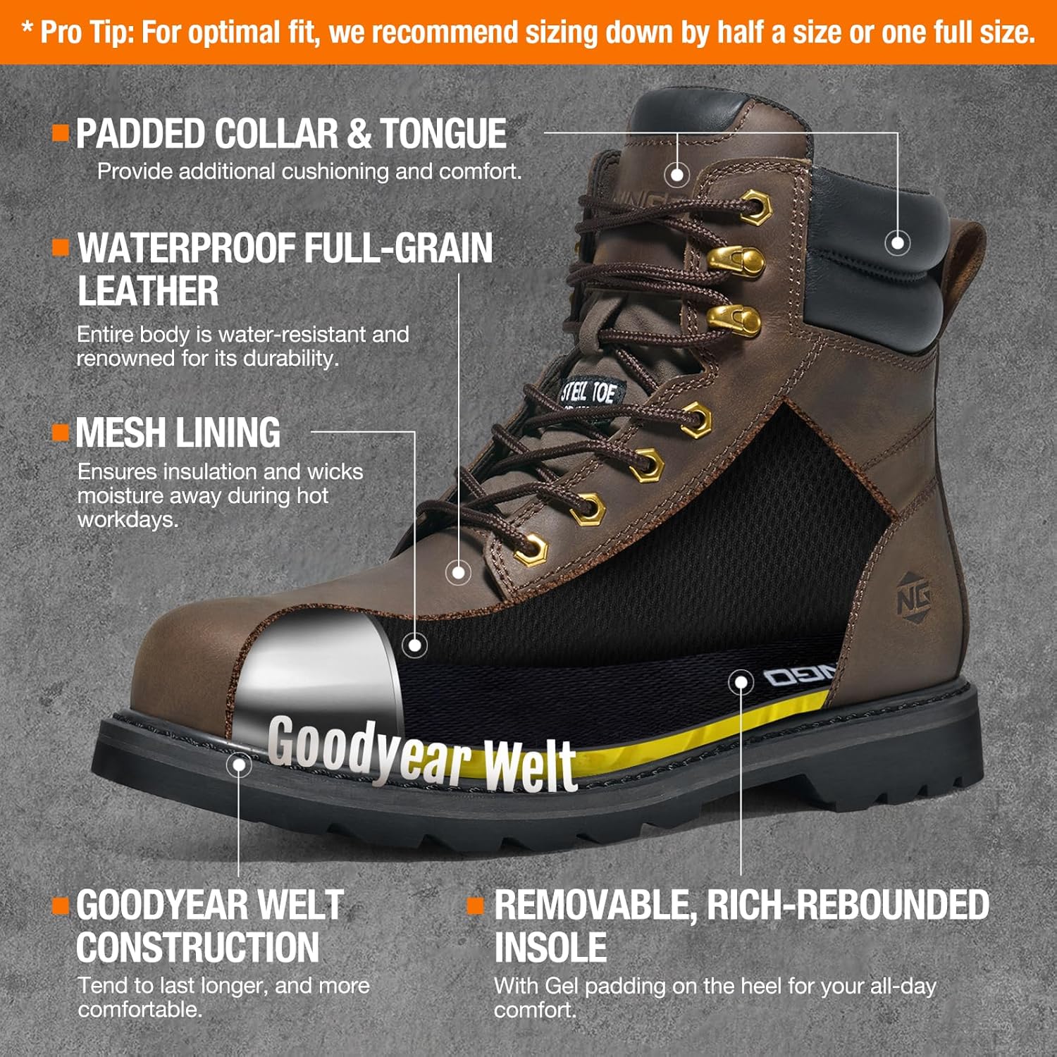 NINGO Steel Toe Work Boots for Men, Waterproof Comfortable Leather Industrial & Construction Boots, Oil & Slip Resistance Safety Shoes with EH Protection, for Outdoor Factories Warehouses Farms - Image 3