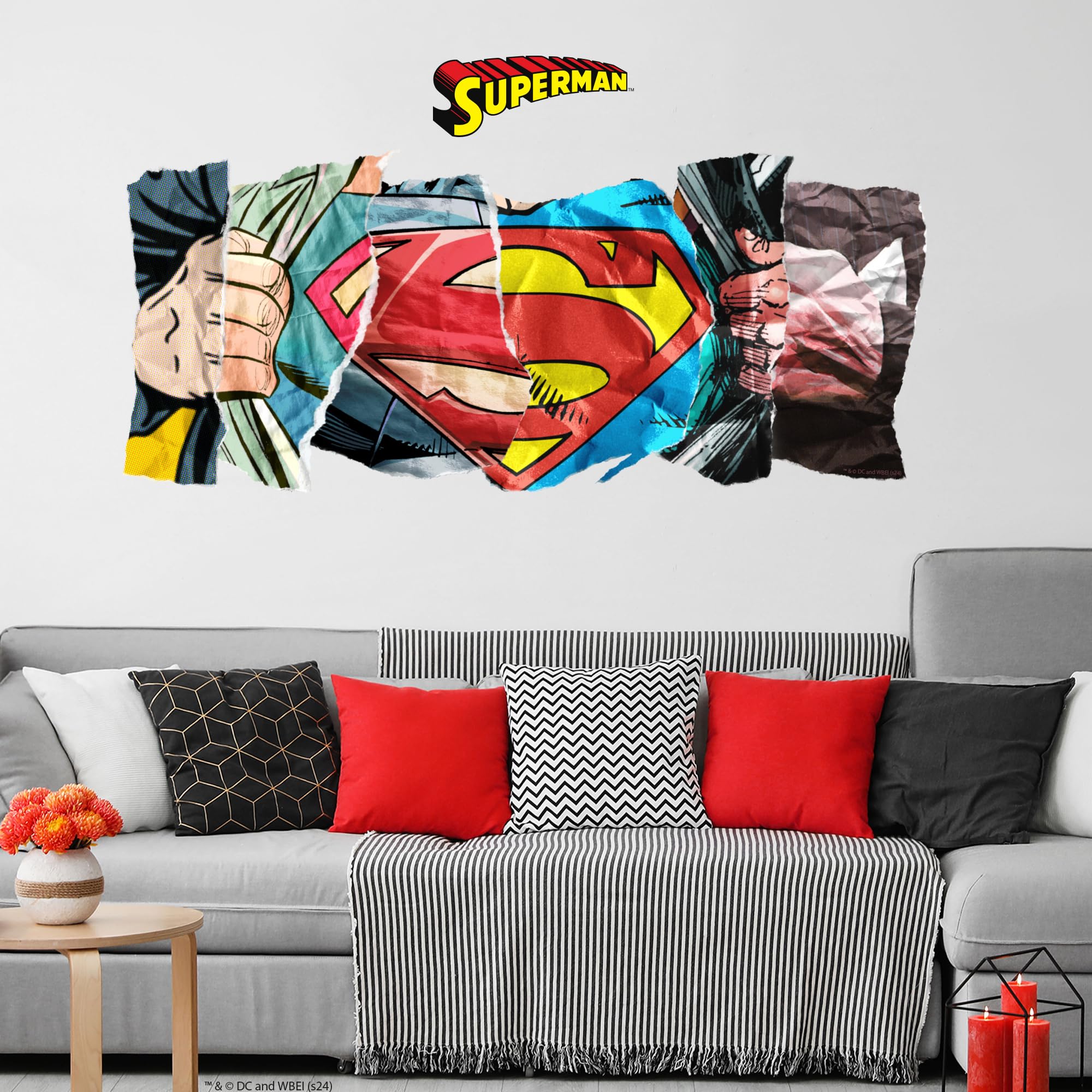Superman Wall Sticker - Chest Comic Book Collage Wall Decal DC Superhero Art (60cm Width x 25cm Height)
